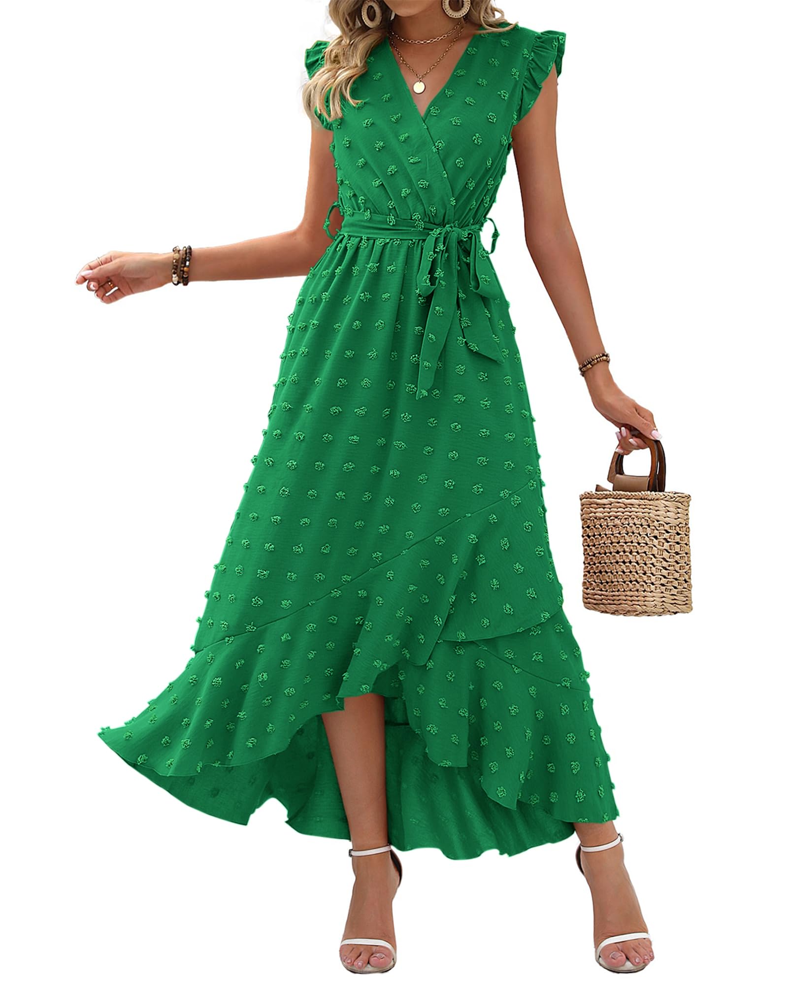 BTFBM Women V Neck Summer Dress 2025 Cap Sleeve Swiss Dot Boho Flowy Ruffle Slit Beach Party Long Maxi Cocktail Dresses