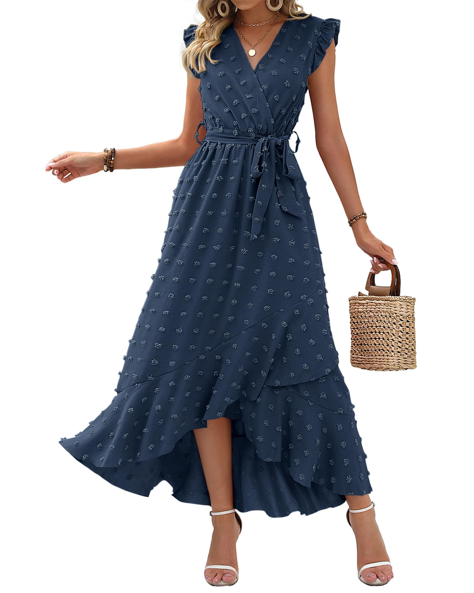 BTFBM Women V Neck Summer Dress 2025 Cap Sleeve Swiss Dot Boho Flowy Ruffle Slit Beach Party Long Maxi Cocktail Dresses