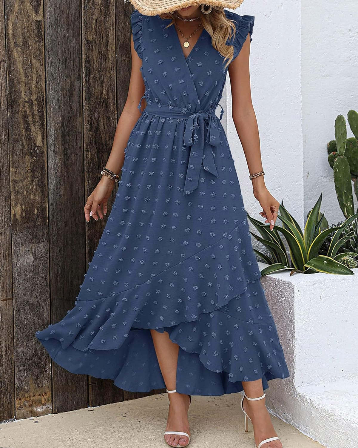BTFBM Women V Neck Summer Dress 2025 Cap Sleeve Swiss Dot Boho Flowy Ruffle Slit Beach Party Long Maxi Cocktail Dresses