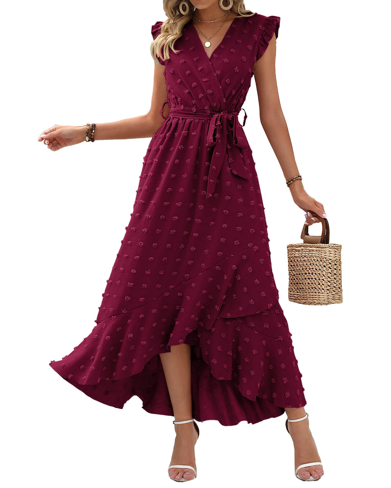 BTFBM Women V Neck Summer Dress 2025 Cap Sleeve Swiss Dot Boho Flowy Ruffle Slit Beach Party Long Maxi Cocktail Dresses