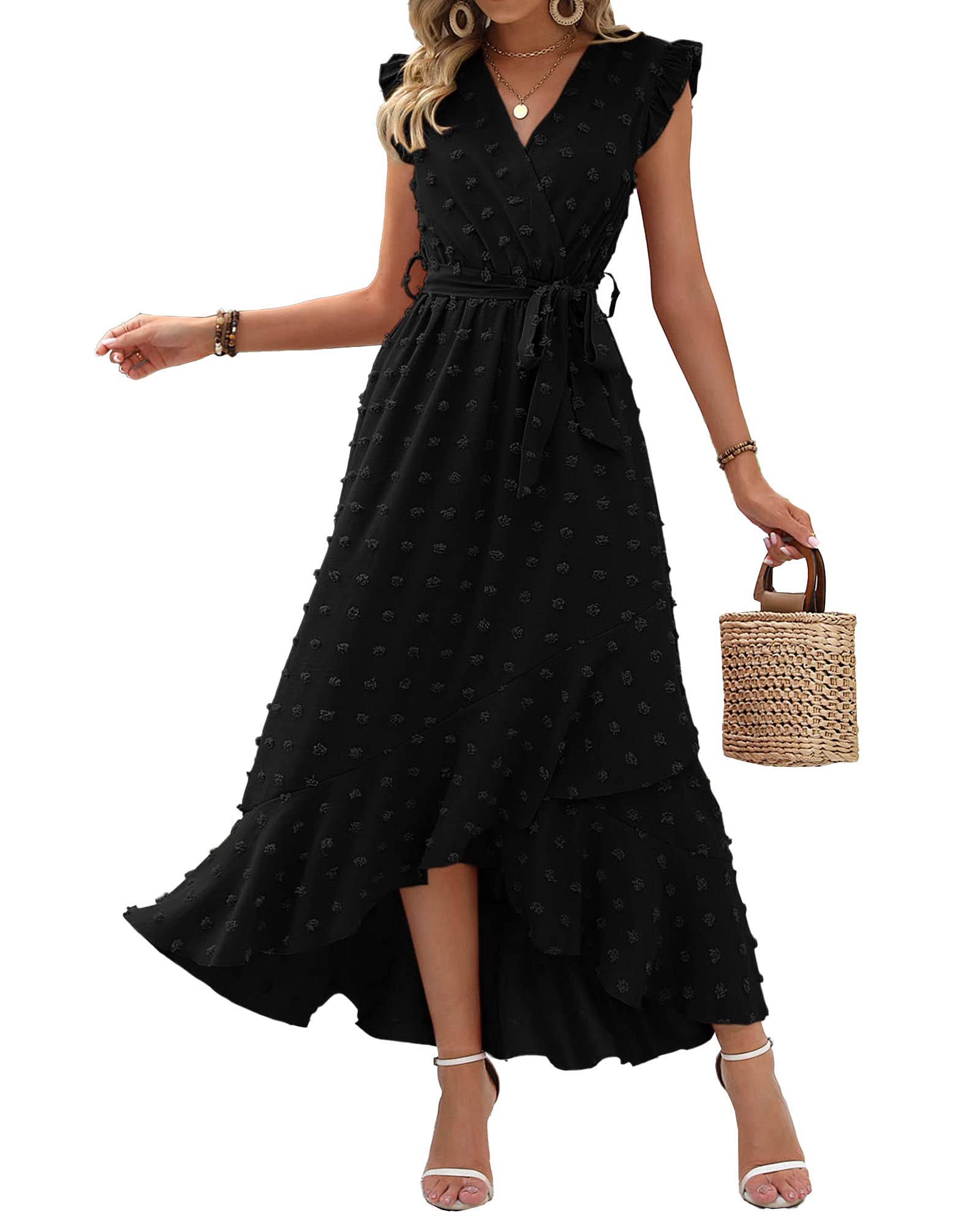 BTFBM Women V Neck Summer Dress 2025 Cap Sleeve Swiss Dot Boho Flowy Ruffle Slit Beach Party Long Maxi Cocktail Dresses