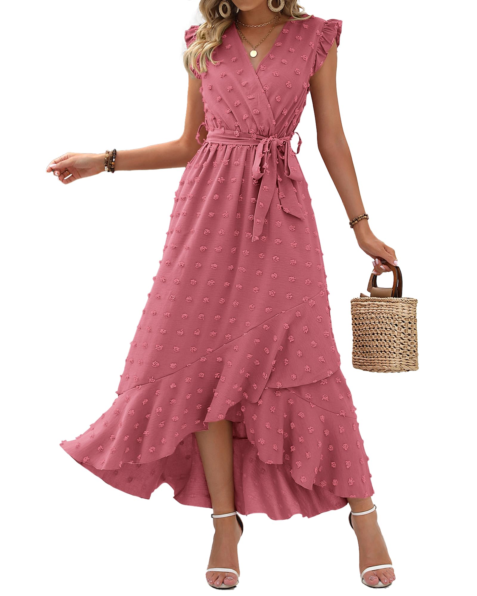 BTFBM Women V Neck Summer Dress 2025 Cap Sleeve Swiss Dot Boho Flowy Ruffle Slit Beach Party Long Maxi Cocktail Dresses