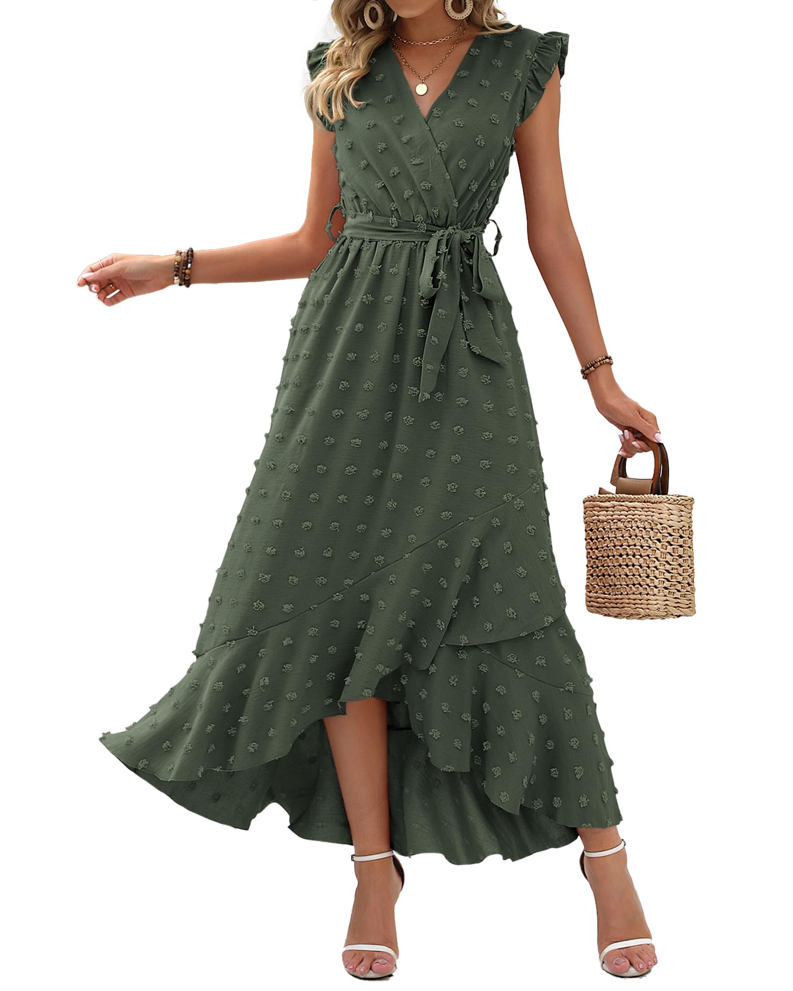 BTFBM Women V Neck Summer Dress 2025 Cap Sleeve Swiss Dot Boho Flowy Ruffle Slit Beach Party Long Maxi Cocktail Dresses