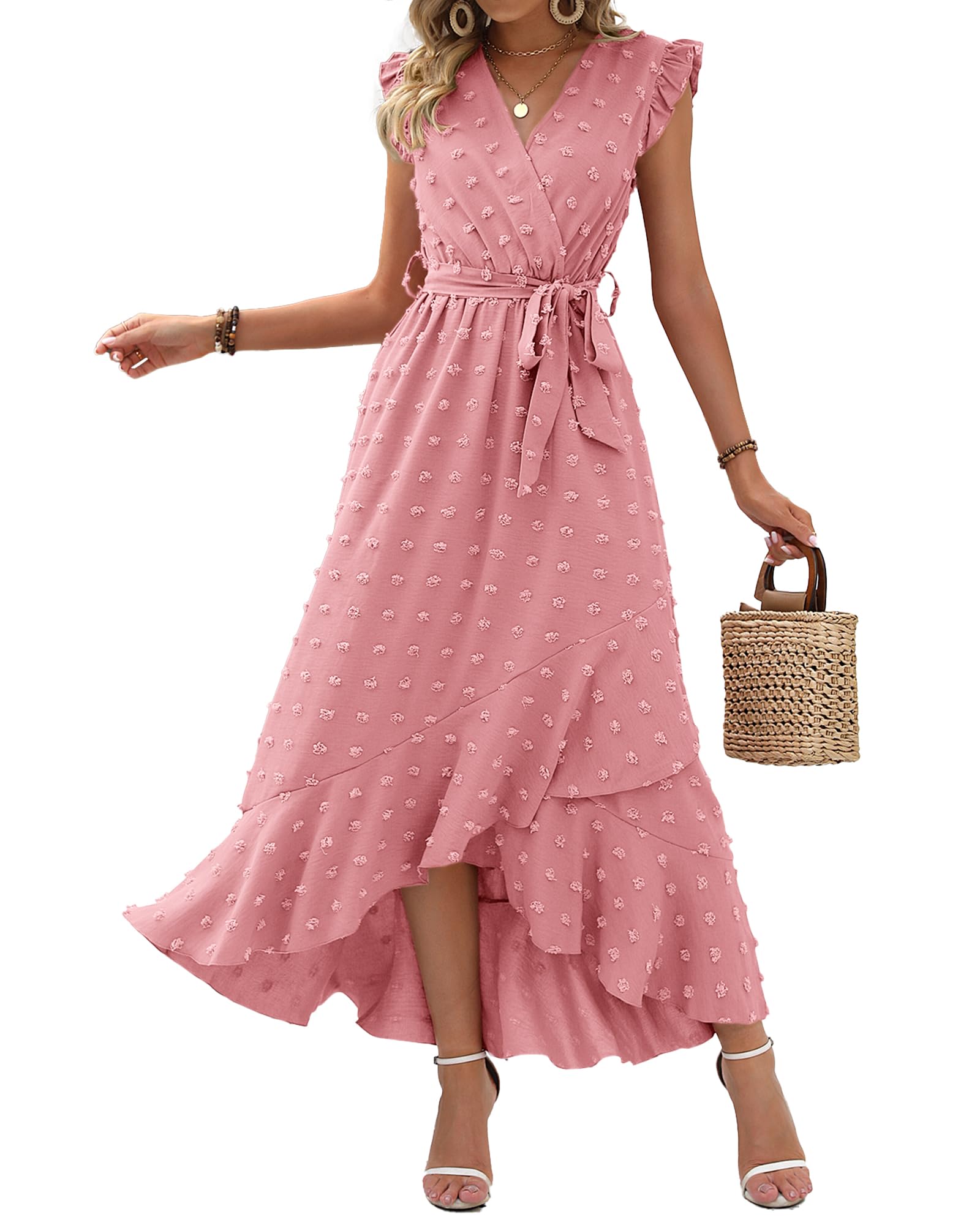 BTFBM Women V Neck Summer Dress 2025 Cap Sleeve Swiss Dot Boho Flowy Ruffle Slit Beach Party Long Maxi Cocktail Dresses