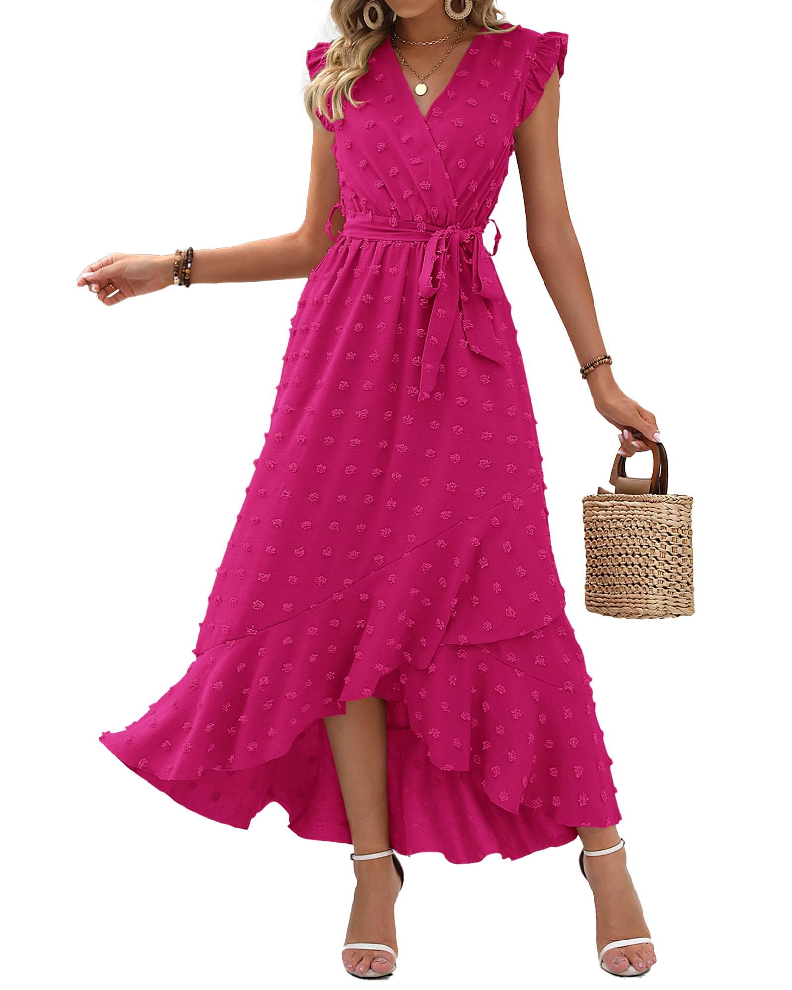 BTFBM Women V Neck Summer Dress 2025 Cap Sleeve Swiss Dot Boho Flowy Ruffle Slit Beach Party Long Maxi Cocktail Dresses