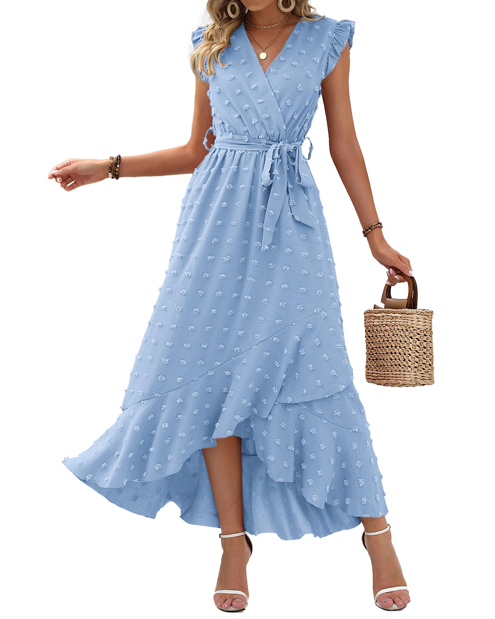 BTFBM Women V Neck Summer Dress 2025 Cap Sleeve Swiss Dot Boho Flowy Ruffle Slit Beach Party Long Maxi Cocktail Dresses