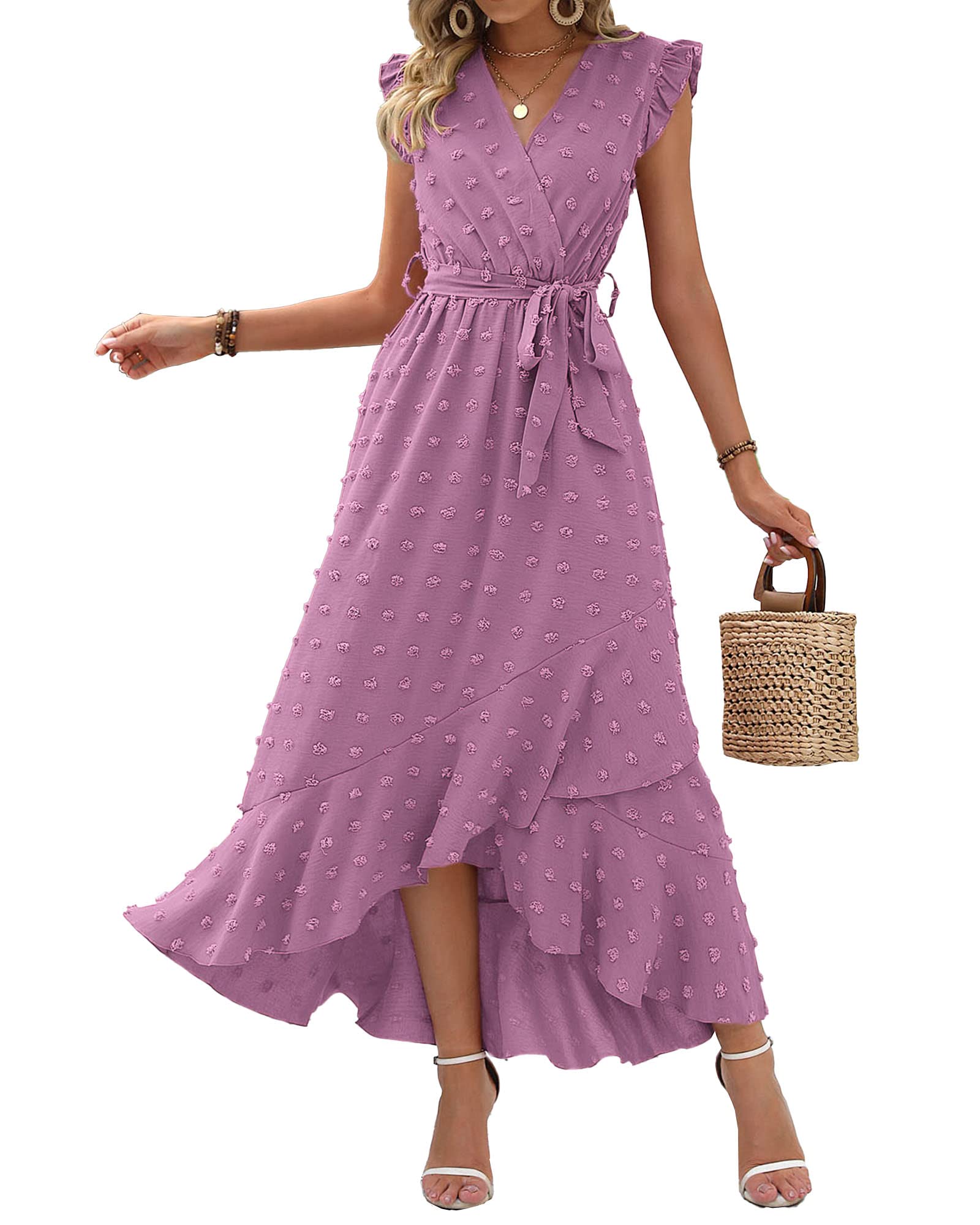 BTFBM Women V Neck Summer Dress 2025 Cap Sleeve Swiss Dot Boho Flowy Ruffle Slit Beach Party Long Maxi Cocktail Dresses