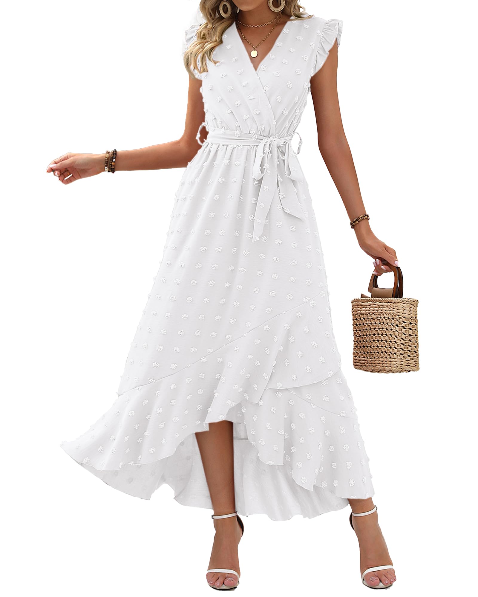 BTFBM Women V Neck Summer Dress 2025 Cap Sleeve Swiss Dot Boho Flowy Ruffle Slit Beach Party Long Maxi Cocktail Dresses