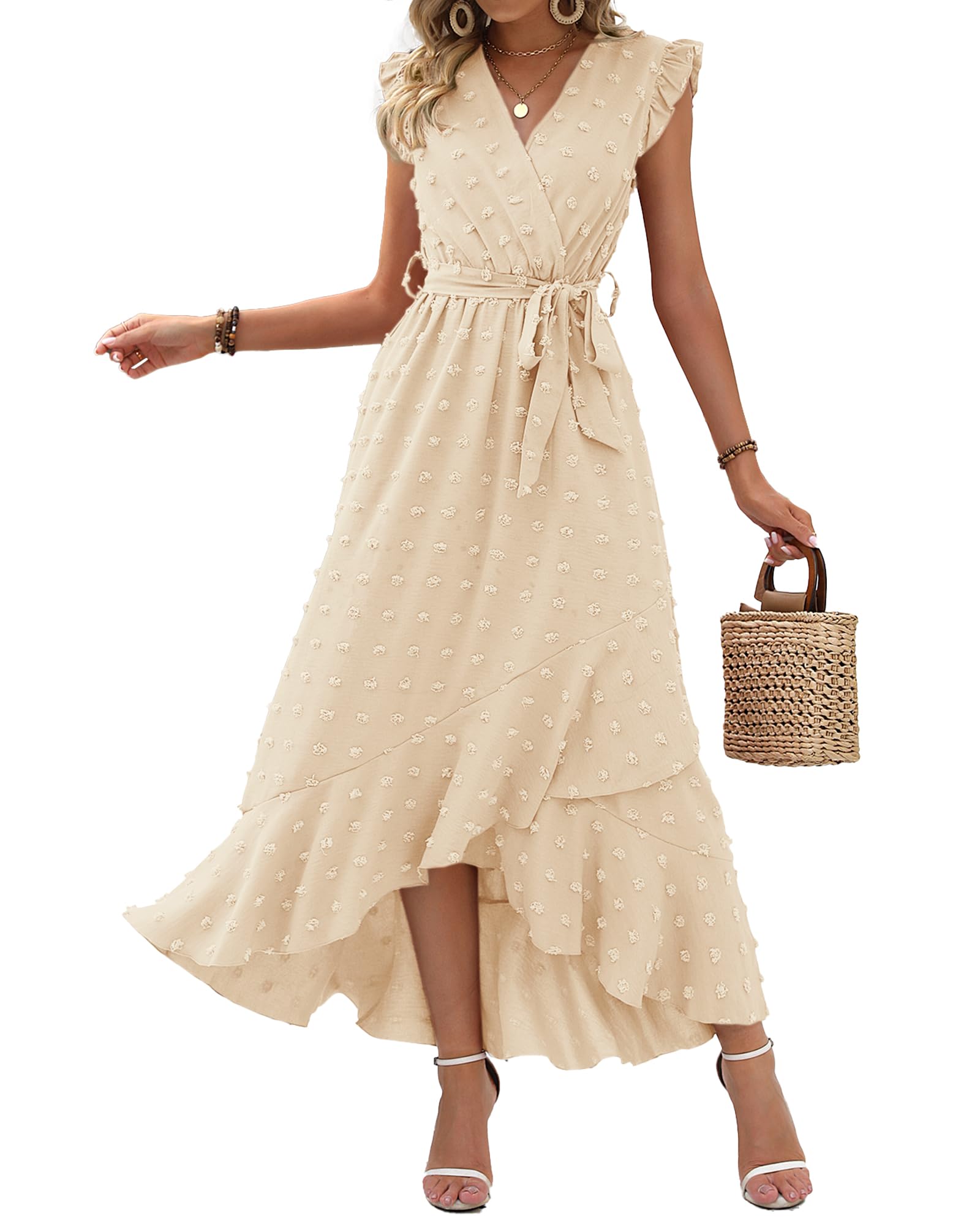 BTFBM Women V Neck Summer Dress 2025 Cap Sleeve Swiss Dot Boho Flowy Ruffle Slit Beach Party Long Maxi Cocktail Dresses