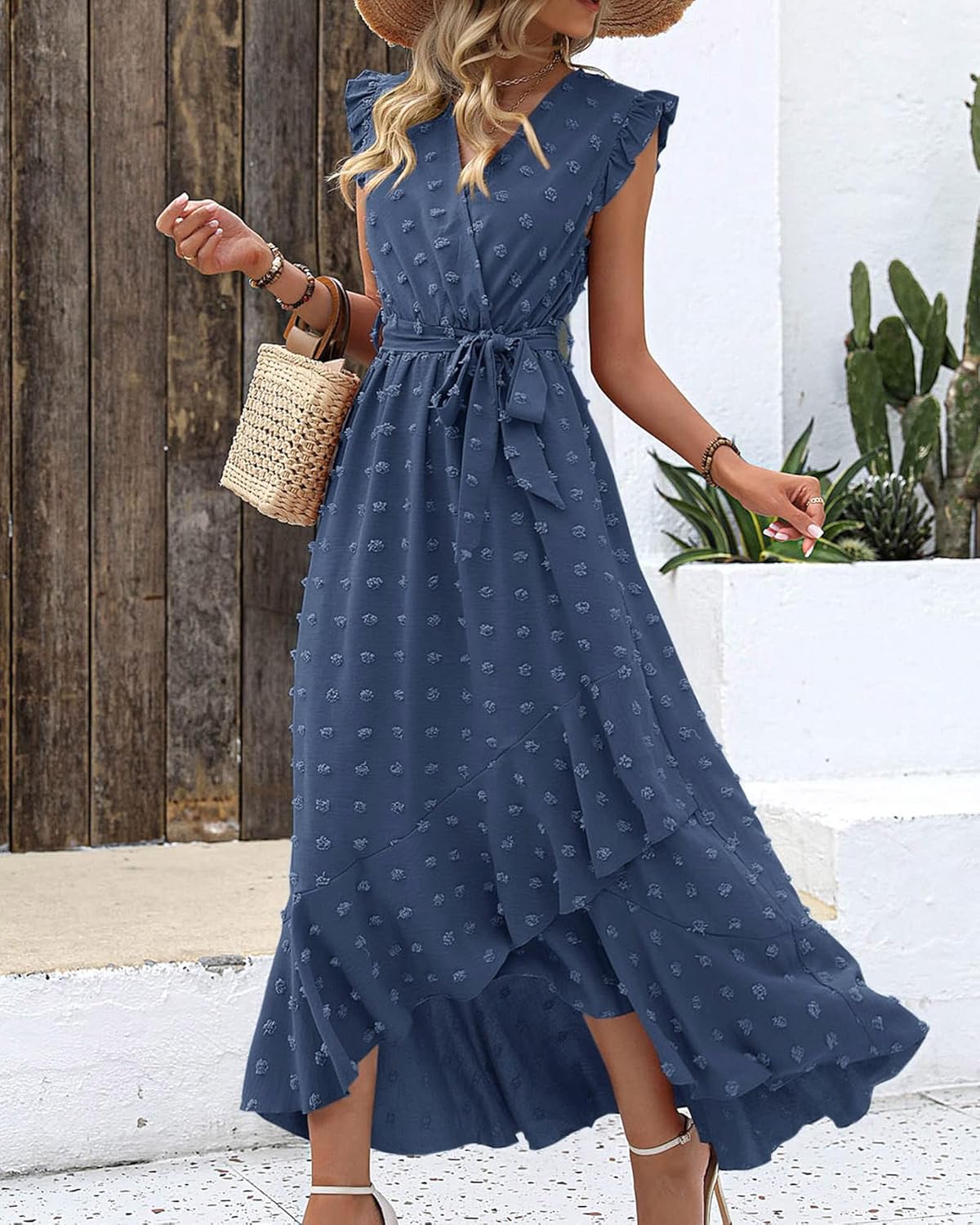 BTFBM Women V Neck Summer Dress 2025 Cap Sleeve Swiss Dot Boho Flowy Ruffle Slit Beach Party Long Maxi Cocktail Dresses
