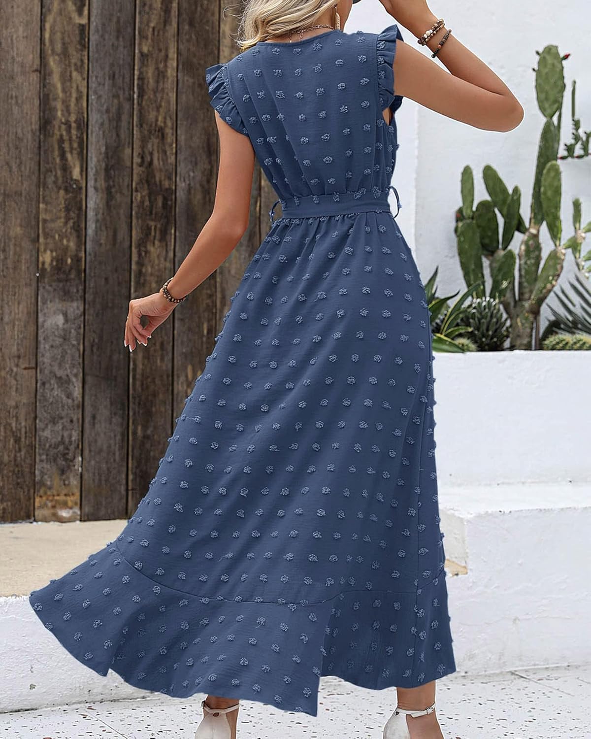 BTFBM Women V Neck Summer Dress 2025 Cap Sleeve Swiss Dot Boho Flowy Ruffle Slit Beach Party Long Maxi Cocktail Dresses