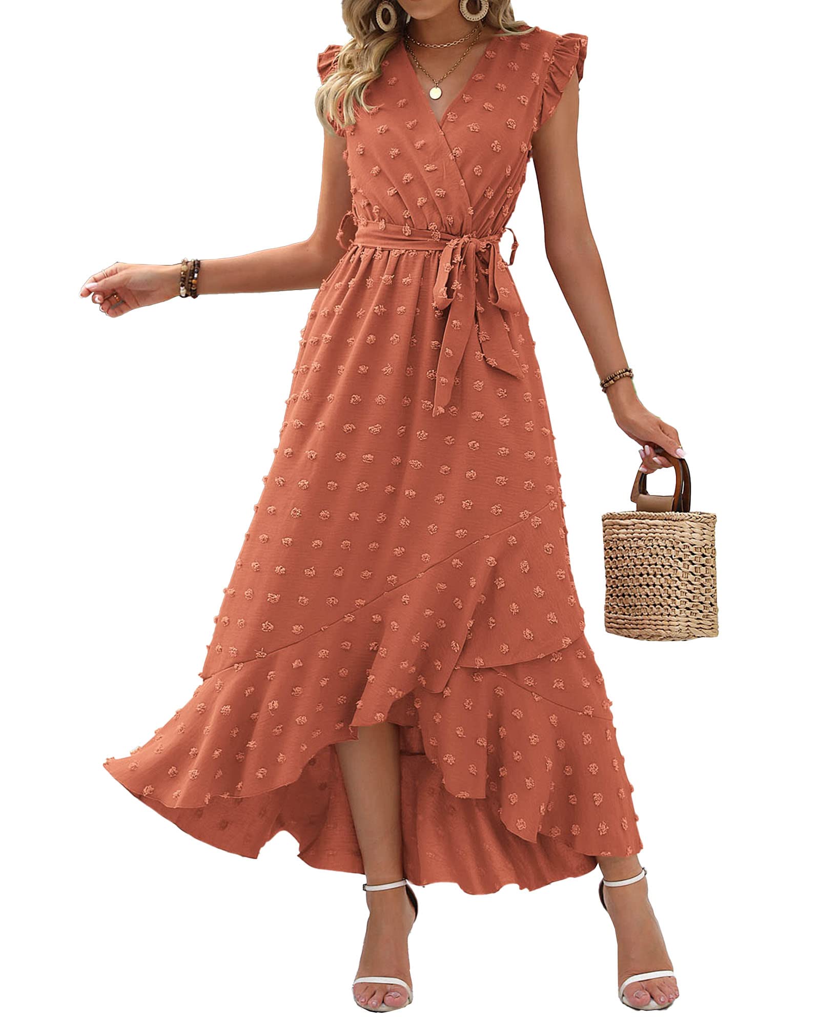 BTFBM Women V Neck Summer Dress 2025 Cap Sleeve Swiss Dot Boho Flowy Ruffle Slit Beach Party Long Maxi Cocktail Dresses