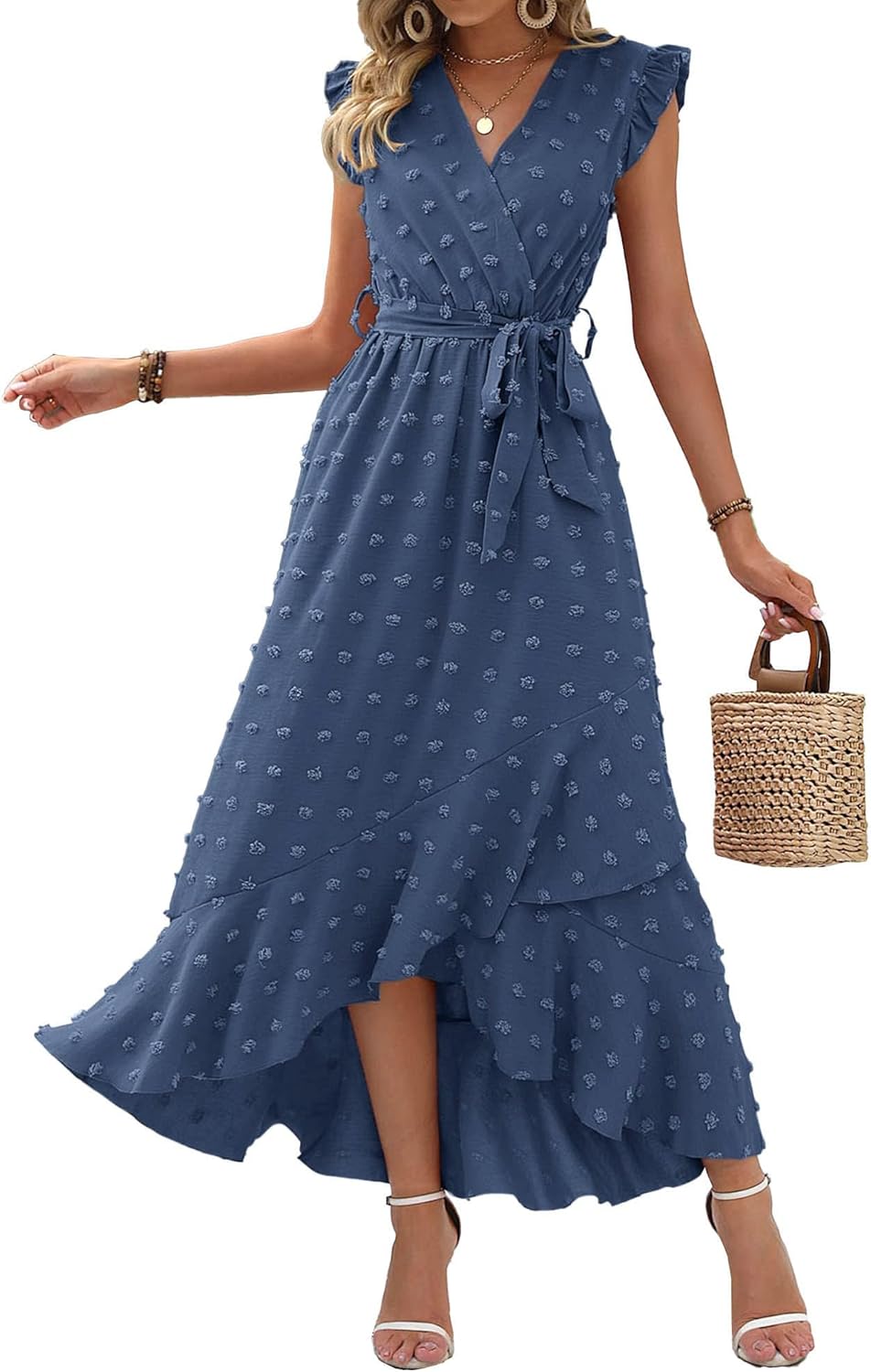 BTFBM Women V Neck Summer Dress 2025 Cap Sleeve Swiss Dot Boho Flowy Ruffle Slit Beach Party Long Maxi Cocktail Dresses