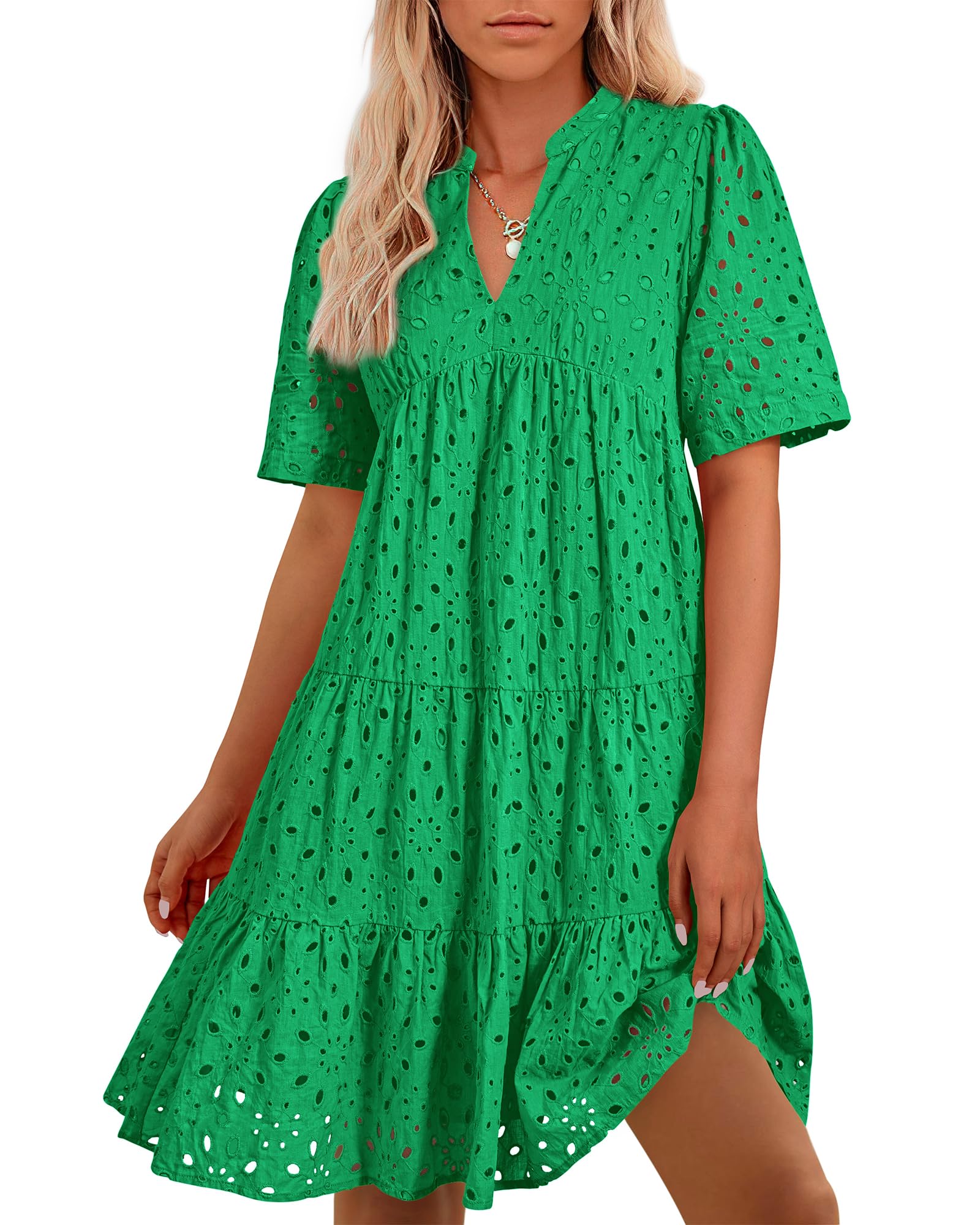BTFBM Womens Boho Summer Dresses 2025 Resort V Neck Short Sleeve Hollow Out Lace Ruffle Casual Beach Mini Vacation Dress