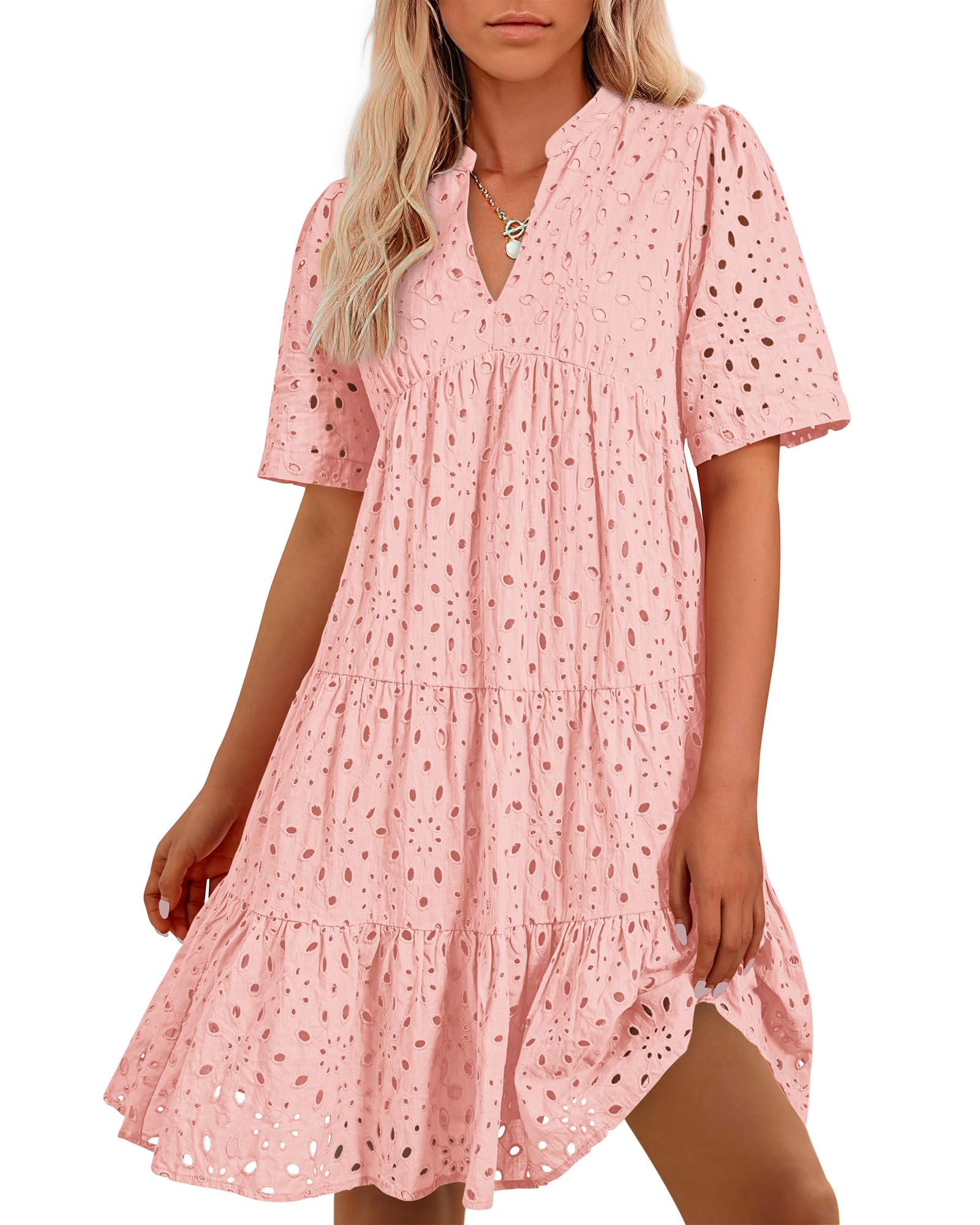 BTFBM Womens Boho Summer Dresses 2025 Resort V Neck Short Sleeve Hollow Out Lace Ruffle Casual Beach Mini Vacation Dress