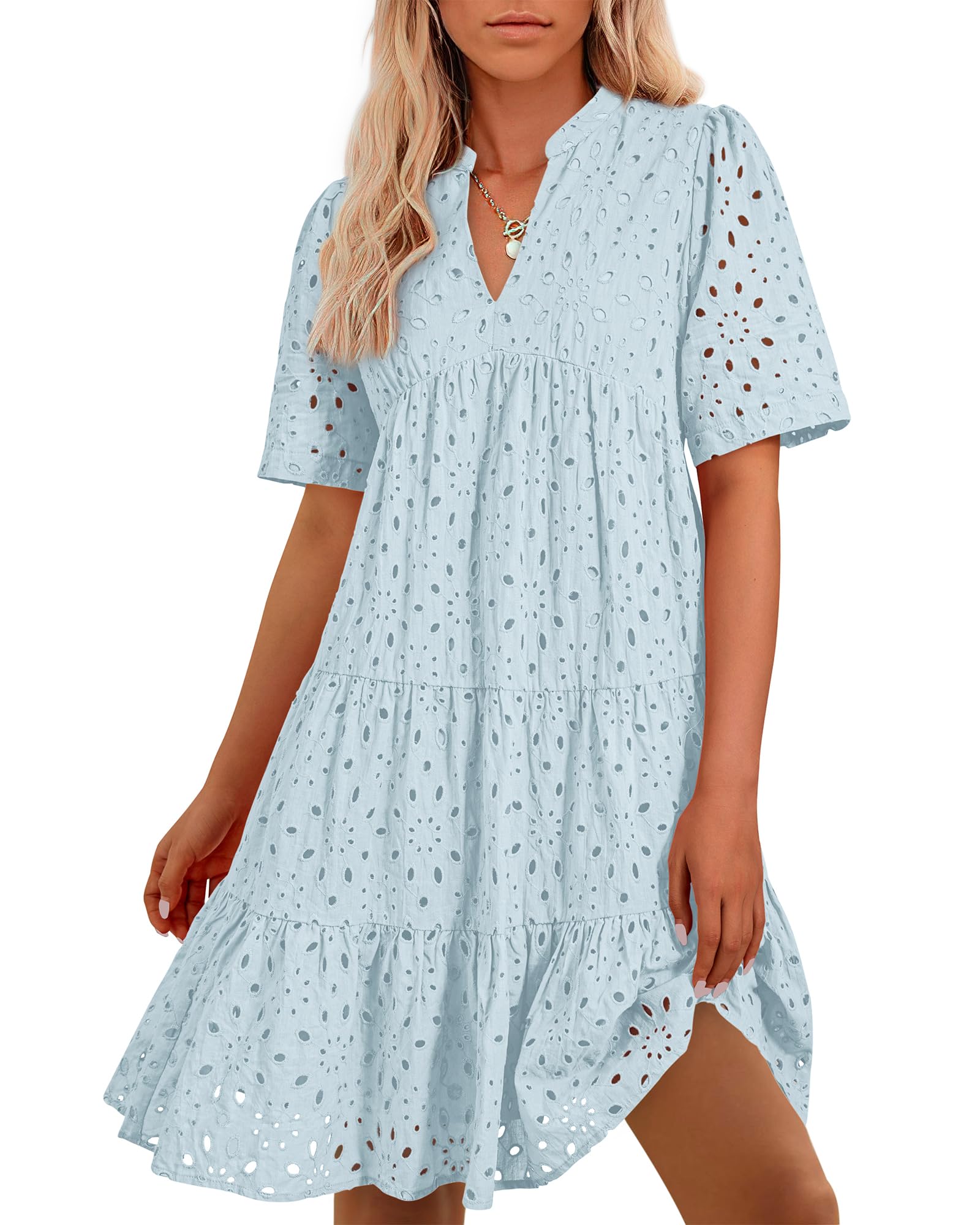 BTFBM Womens Boho Summer Dresses 2025 Resort V Neck Short Sleeve Hollow Out Lace Ruffle Casual Beach Mini Vacation Dress