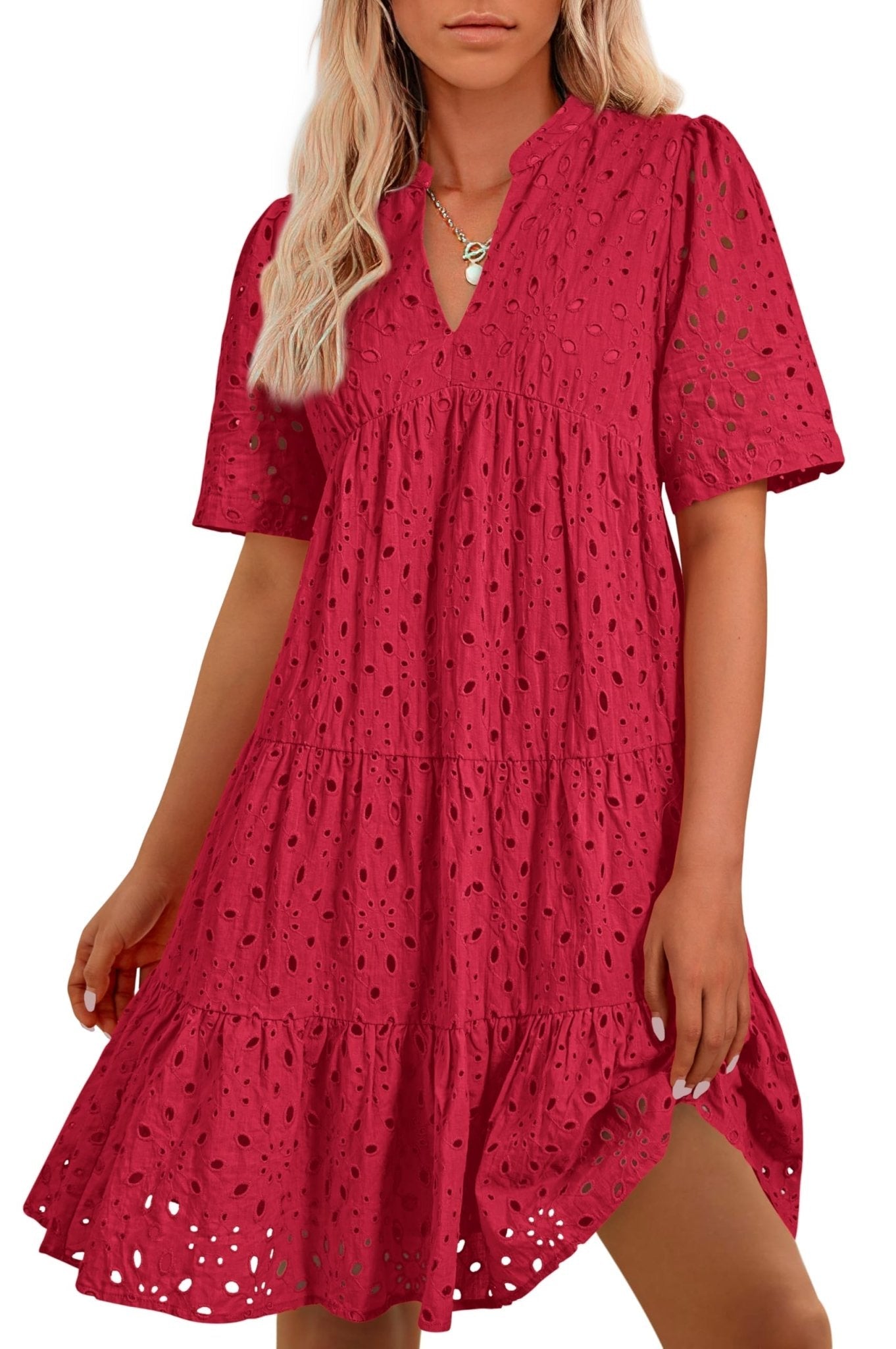 BTFBM Womens Boho Summer Dresses 2025 Resort V Neck Short Sleeve Hollow Out Lace Ruffle Casual Beach Mini Vacation Dress