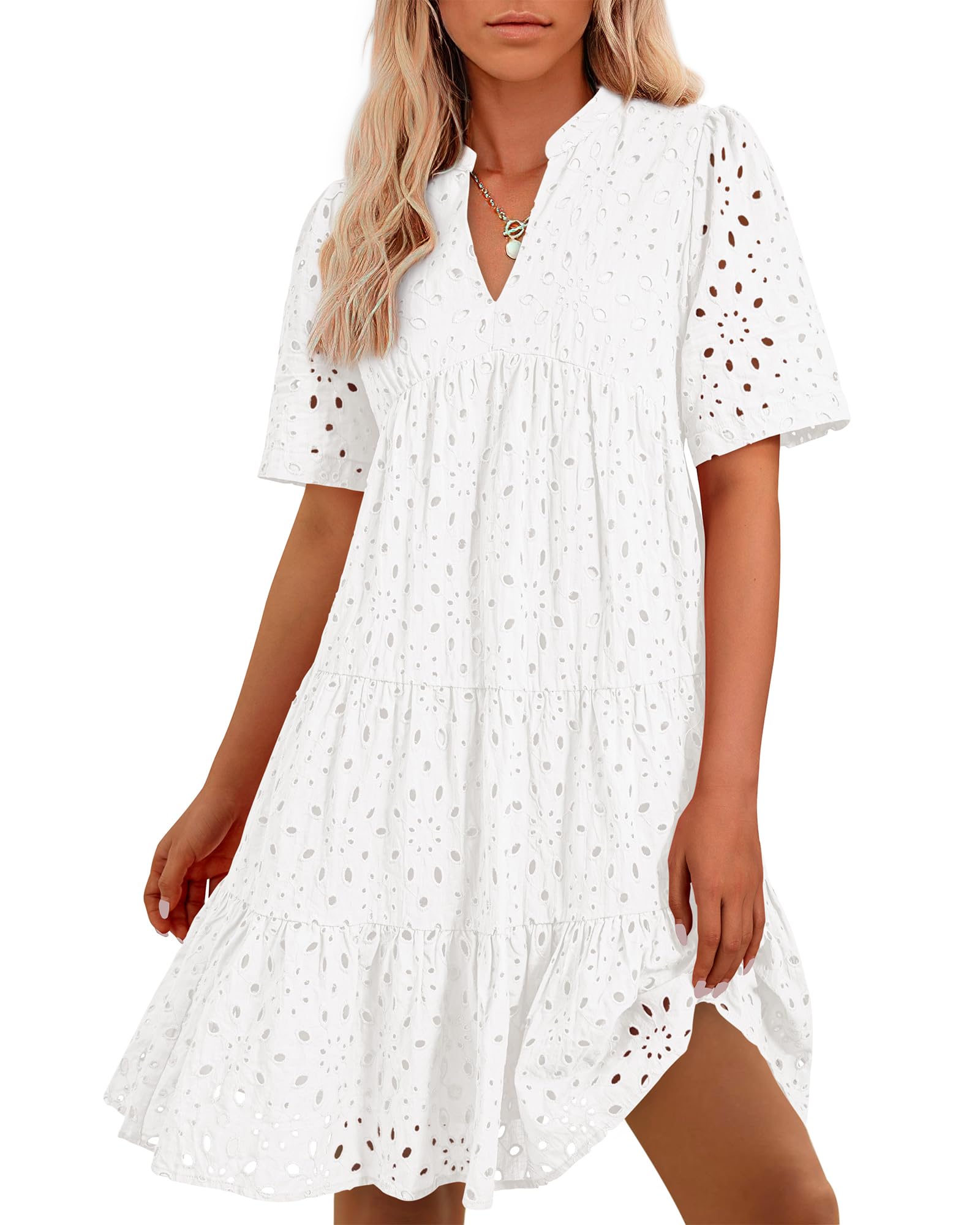 BTFBM Womens Boho Summer Dresses 2025 Resort V Neck Short Sleeve Hollow Out Lace Ruffle Casual Beach Mini Vacation Dress