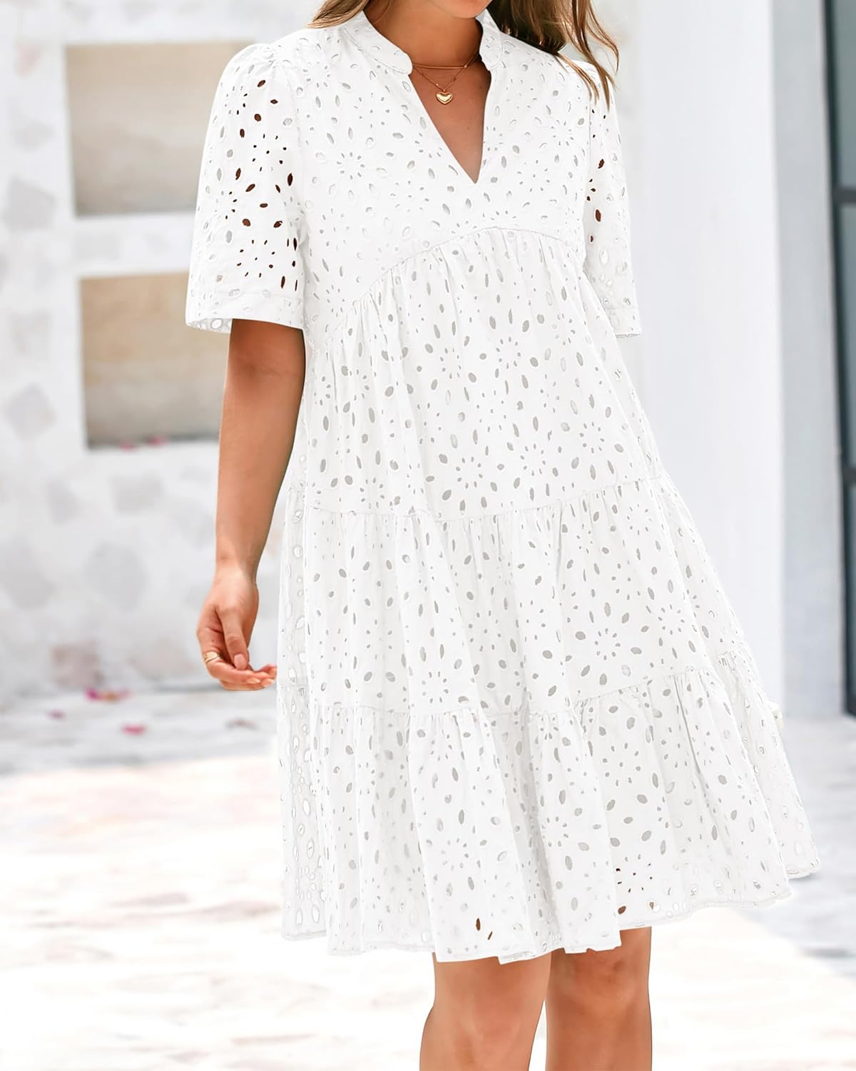 BTFBM Womens Boho Summer Dresses 2025 Resort V Neck Short Sleeve Hollow Out Lace Ruffle Casual Beach Mini Vacation Dress