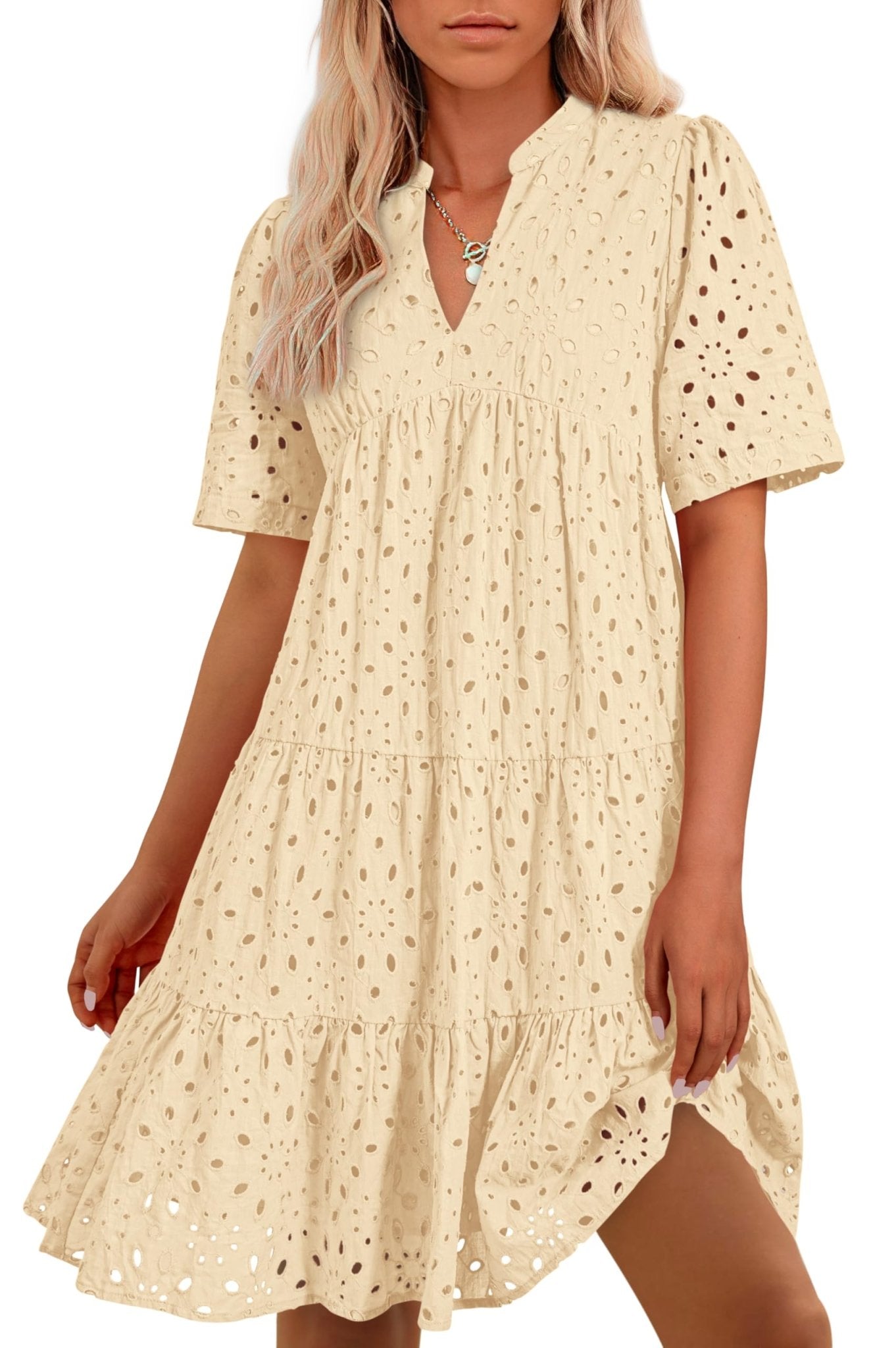 BTFBM Womens Boho Summer Dresses 2025 Resort V Neck Short Sleeve Hollow Out Lace Ruffle Casual Beach Mini Vacation Dress