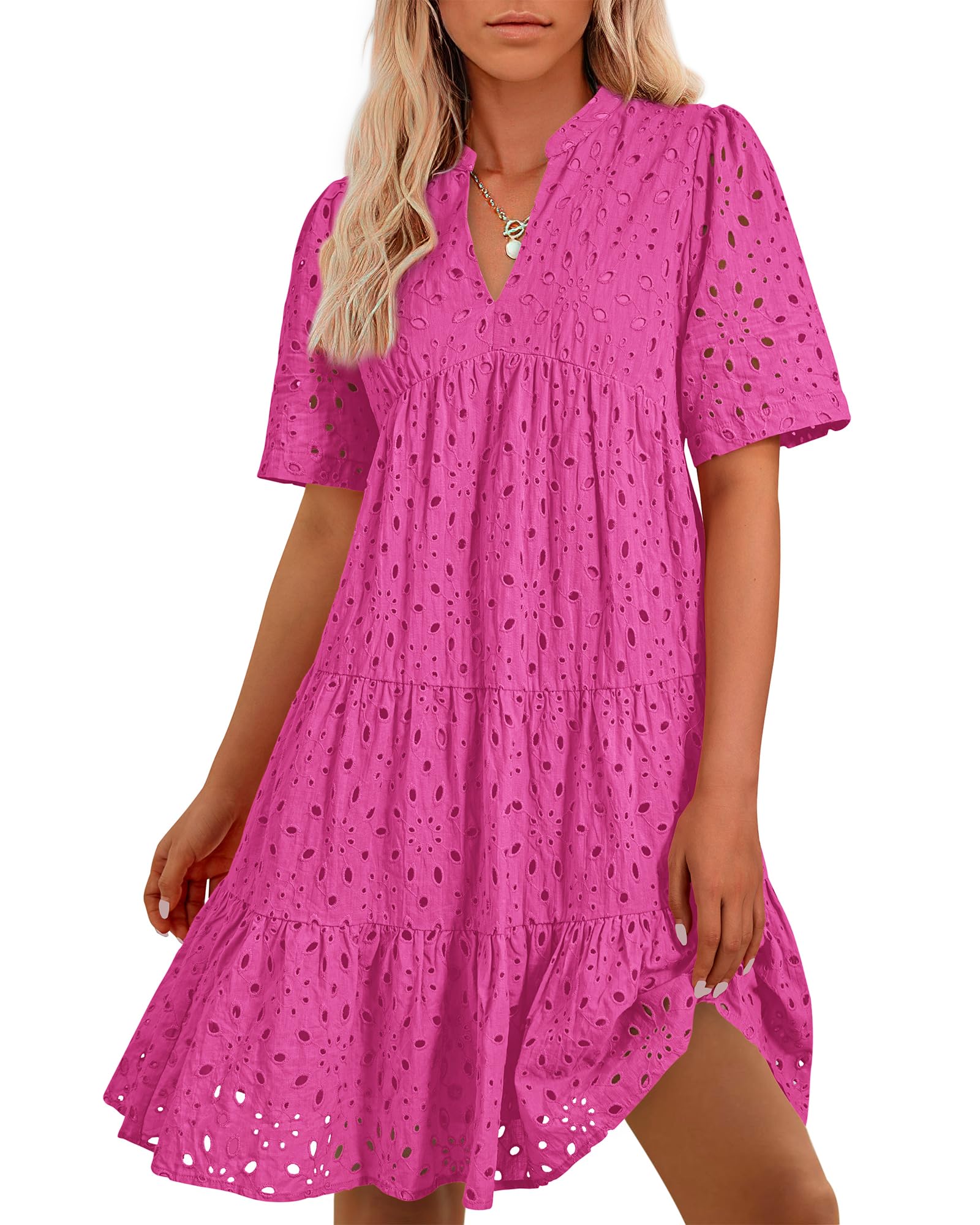 BTFBM Womens Boho Summer Dresses 2025 Resort V Neck Short Sleeve Hollow Out Lace Ruffle Casual Beach Mini Vacation Dress