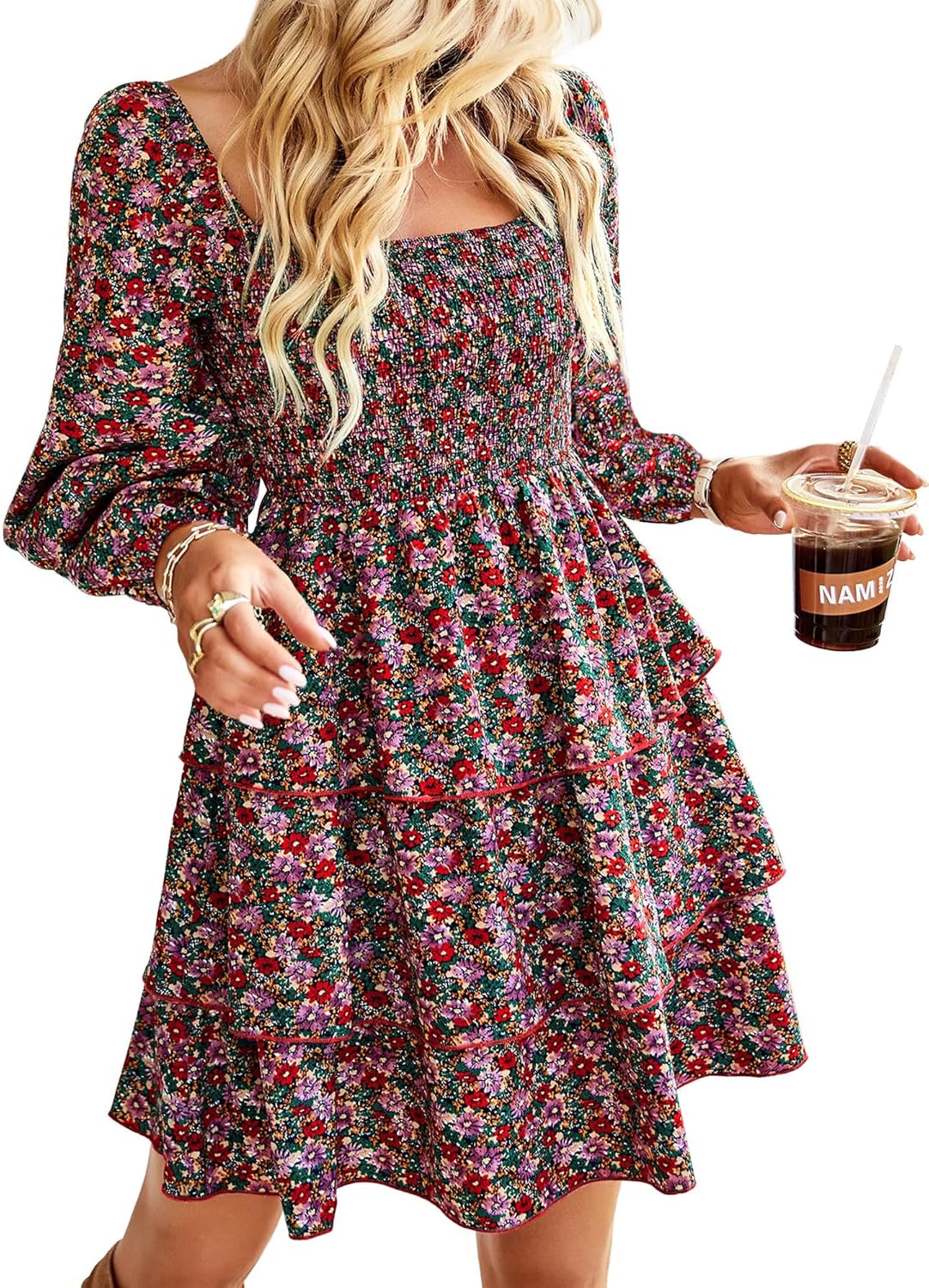 BTFBM Womens Long Sleeve Dress Vacation Square Neck Smocked Floral Swiss Dot Mini Boho Fall Wedding Guest Dresses 2025
