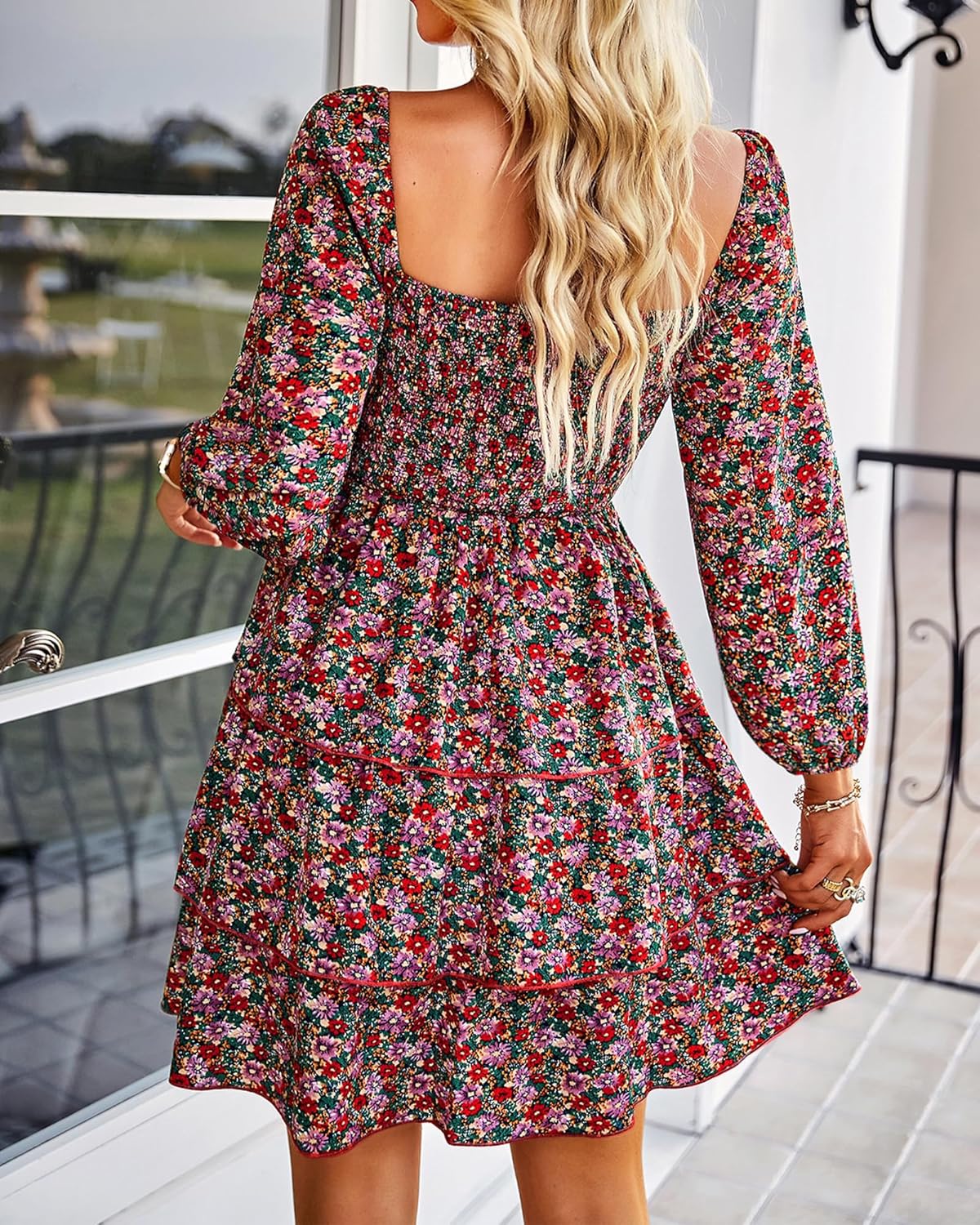 BTFBM Womens Long Sleeve Dress Vacation Square Neck Smocked Floral Swiss Dot Mini Boho Fall Wedding Guest Dresses 2025