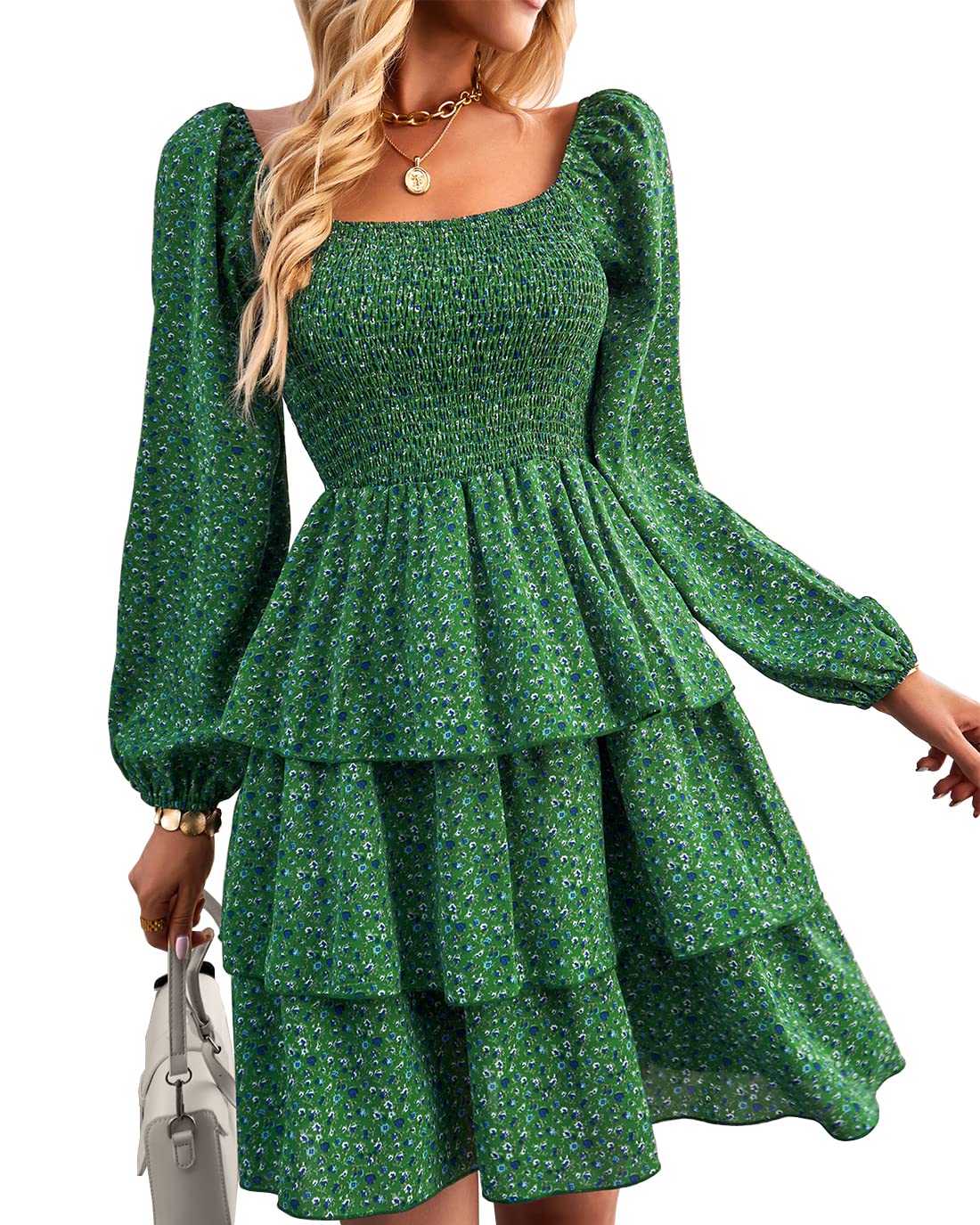 BTFBM Womens Long Sleeve Dress Vacation Square Neck Smocked Floral Swiss Dot Mini Boho Fall Wedding Guest Dresses 2025