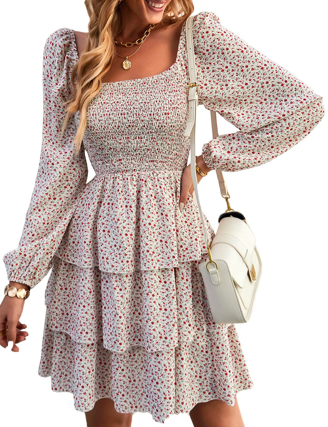 BTFBM Womens Long Sleeve Dress Vacation Square Neck Smocked Floral Swiss Dot Mini Boho Fall Wedding Guest Dresses 2025