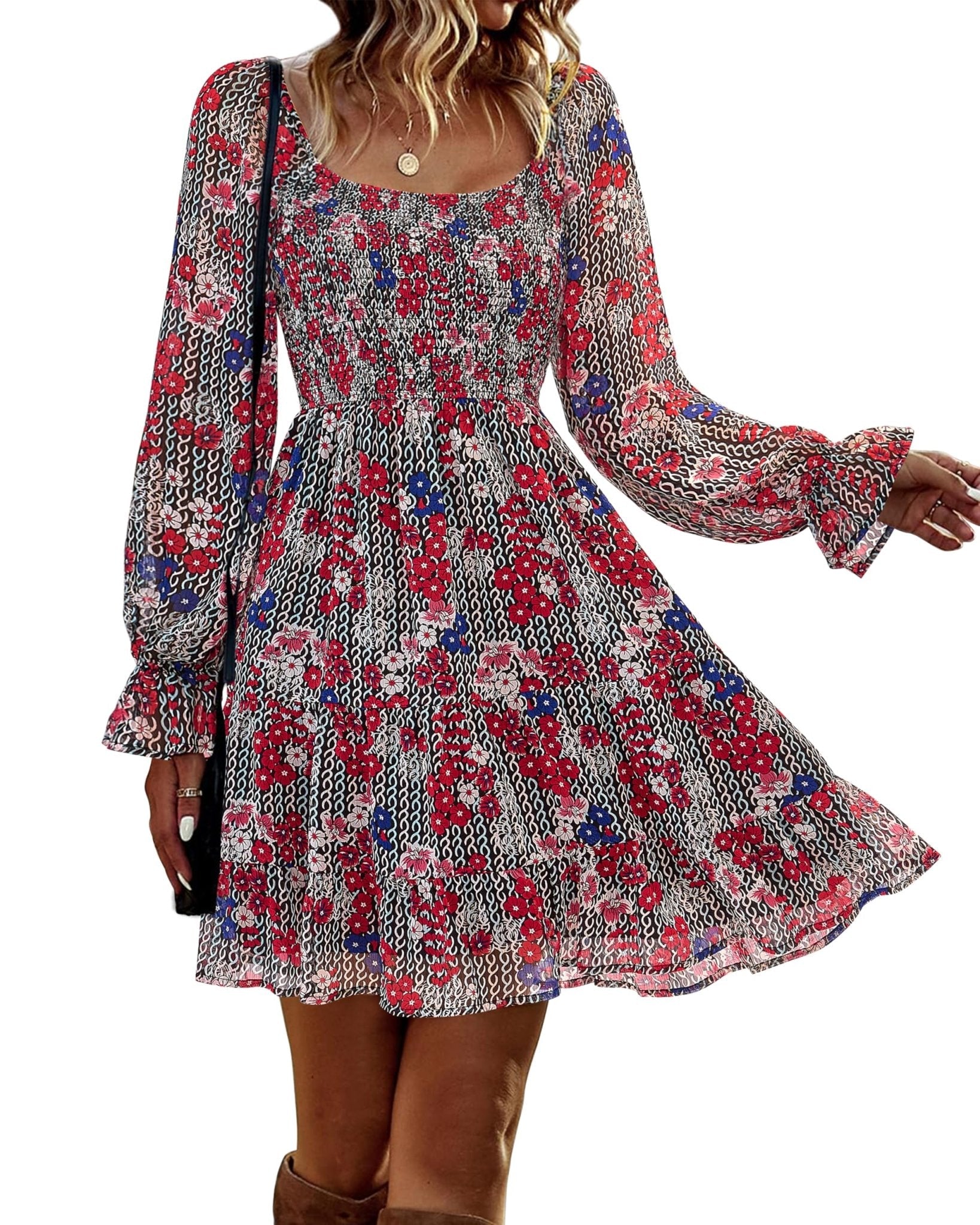 BTFBM Womens Long Sleeve Dress Vacation Square Neck Smocked Floral Swiss Dot Mini Boho Fall Wedding Guest Dresses 2025