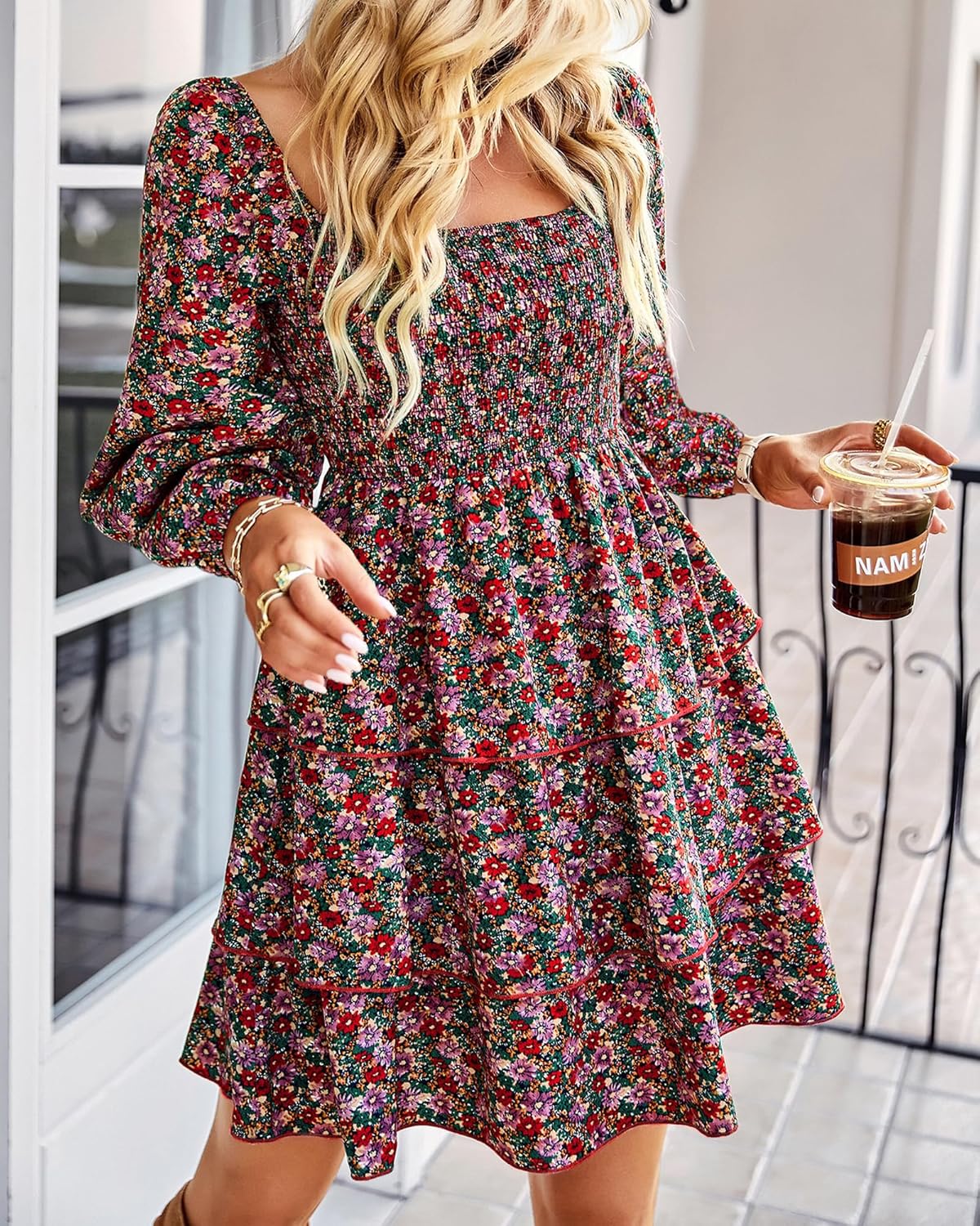 BTFBM Womens Long Sleeve Dress Vacation Square Neck Smocked Floral Swiss Dot Mini Boho Fall Wedding Guest Dresses 2025