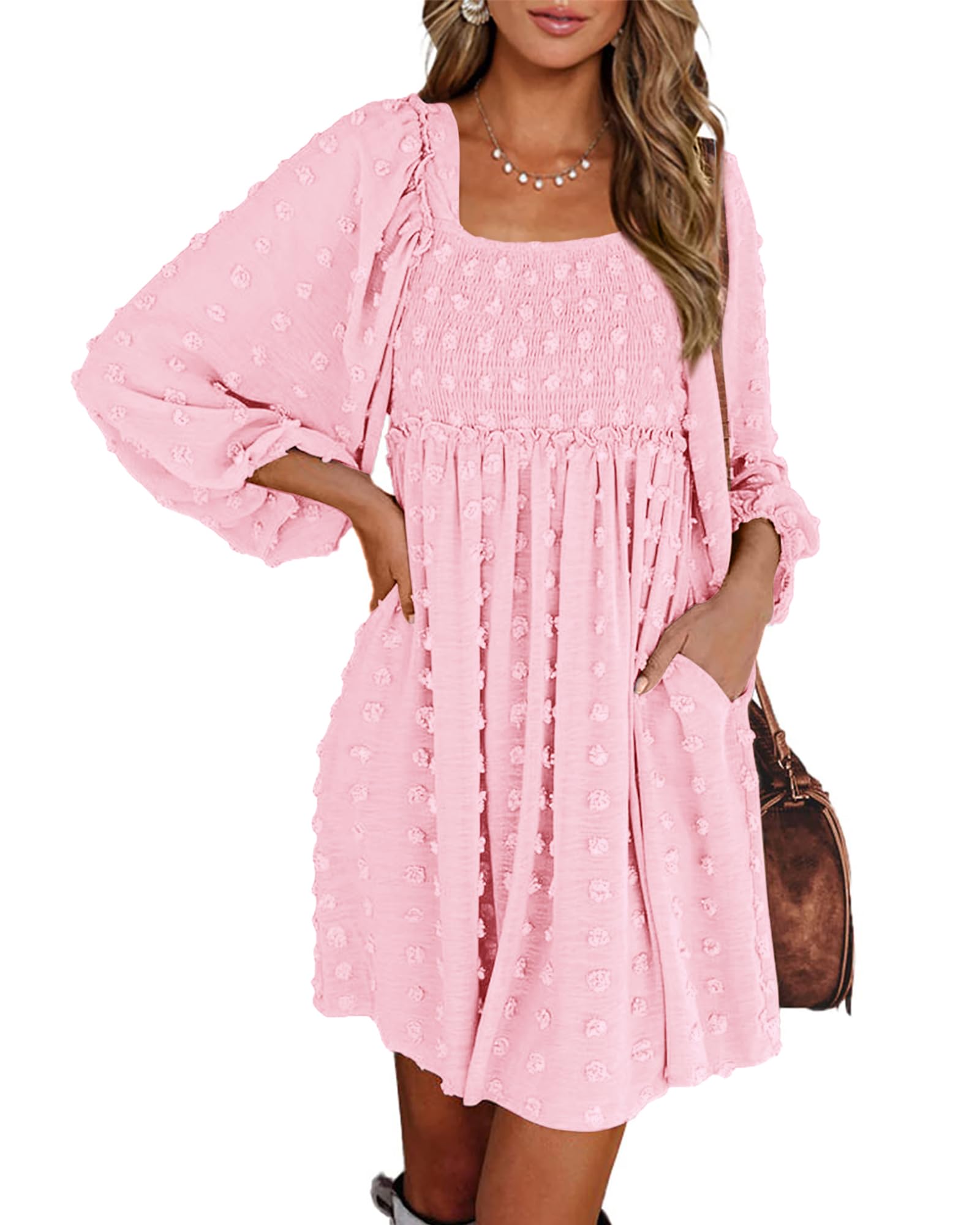 BTFBM Womens Long Sleeve Dress Vacation Square Neck Smocked Floral Swiss Dot Mini Boho Fall Wedding Guest Dresses 2025