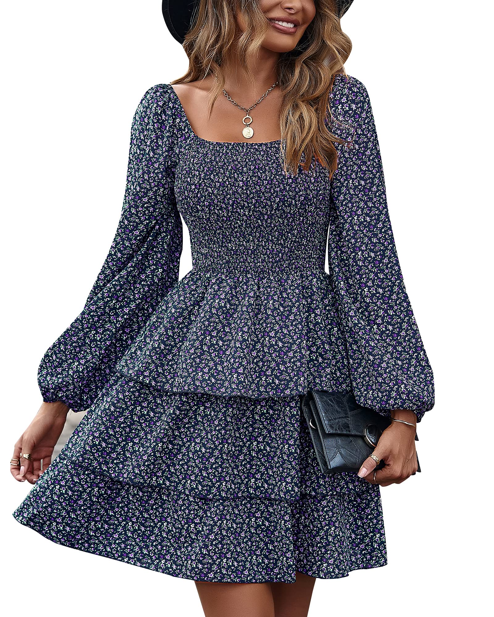 BTFBM Womens Long Sleeve Dress Vacation Square Neck Smocked Floral Swiss Dot Mini Boho Fall Wedding Guest Dresses 2025