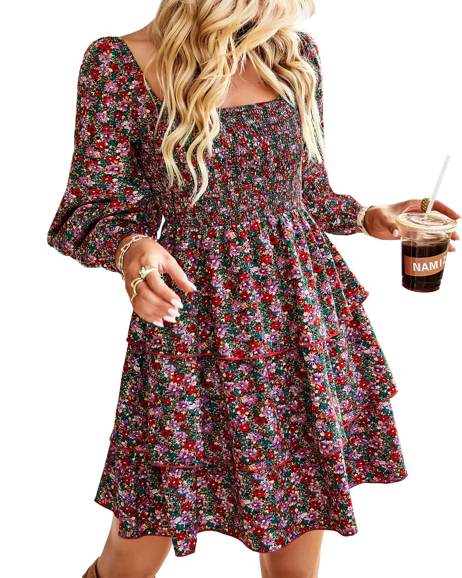 BTFBM Womens Long Sleeve Dress Vacation Square Neck Smocked Floral Swiss Dot Mini Boho Fall Wedding Guest Dresses 2025