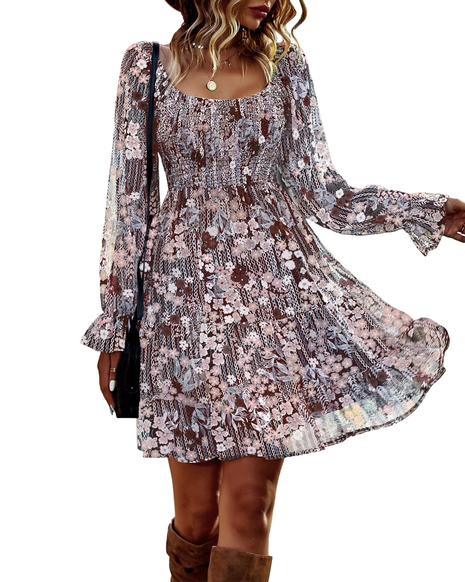 BTFBM Womens Long Sleeve Dress Vacation Square Neck Smocked Floral Swiss Dot Mini Boho Fall Wedding Guest Dresses 2025