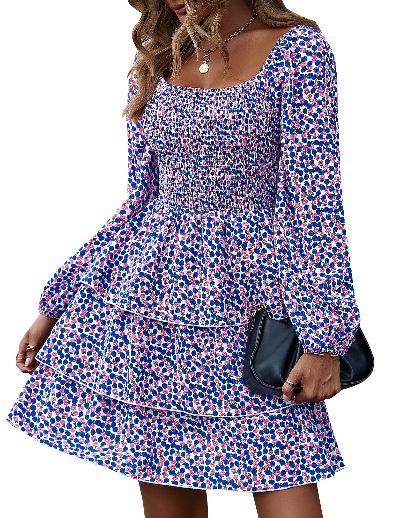 BTFBM Womens Long Sleeve Dress Vacation Square Neck Smocked Floral Swiss Dot Mini Boho Fall Wedding Guest Dresses 2025
