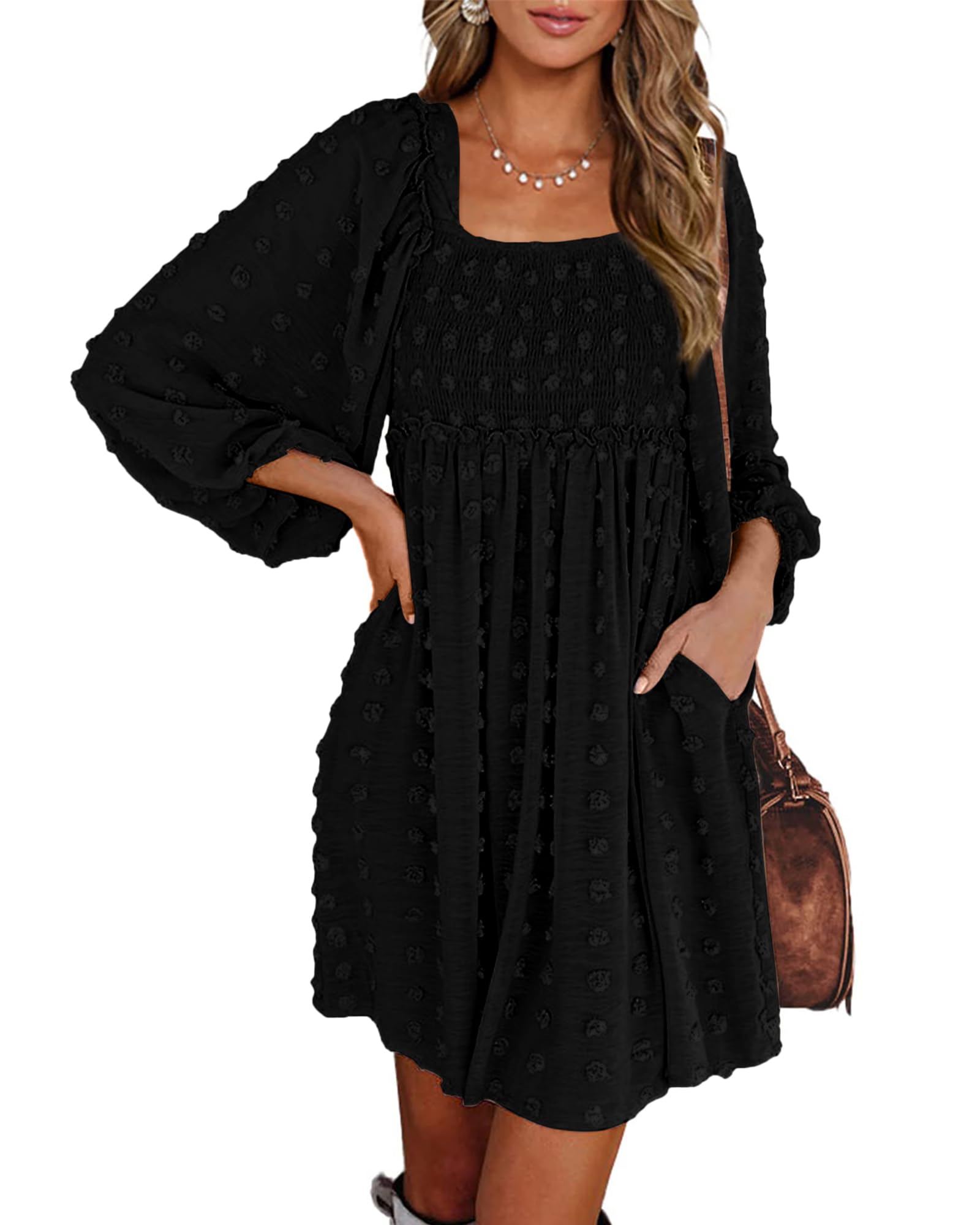 BTFBM Womens Long Sleeve Dress Vacation Square Neck Smocked Floral Swiss Dot Mini Boho Fall Wedding Guest Dresses 2025