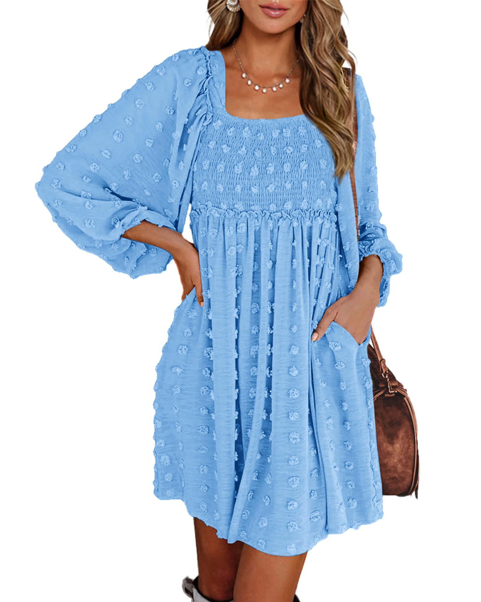 BTFBM Womens Long Sleeve Dress Vacation Square Neck Smocked Floral Swiss Dot Mini Boho Fall Wedding Guest Dresses 2025