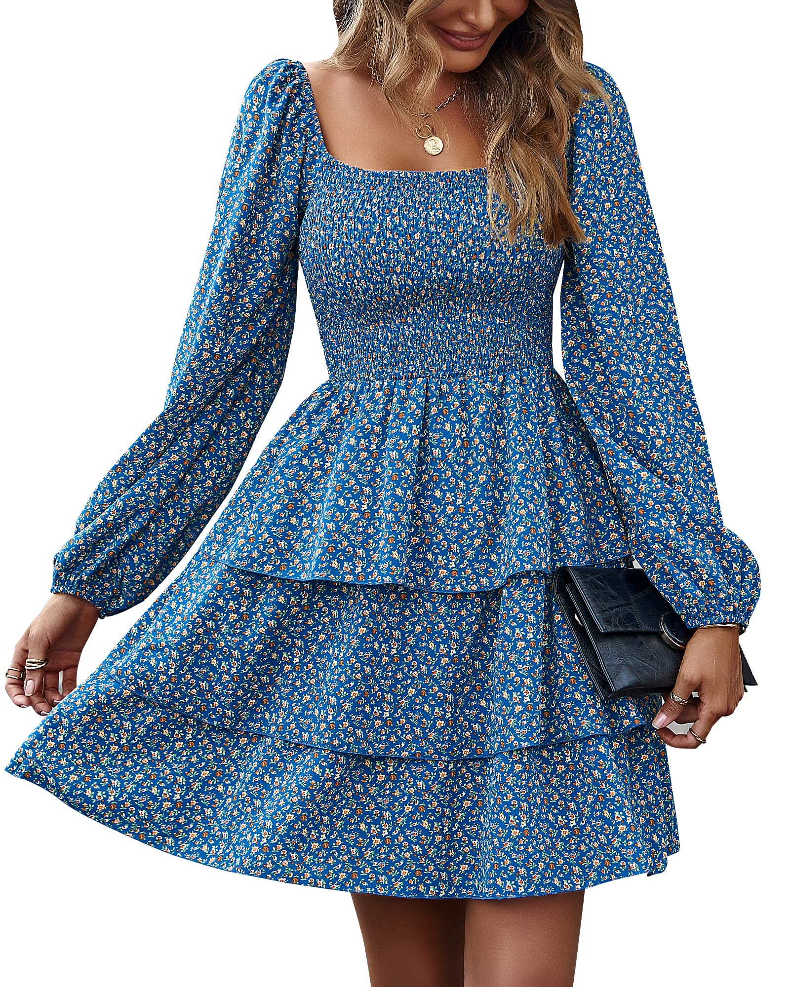 BTFBM Womens Long Sleeve Dress Vacation Square Neck Smocked Floral Swiss Dot Mini Boho Fall Wedding Guest Dresses 2025