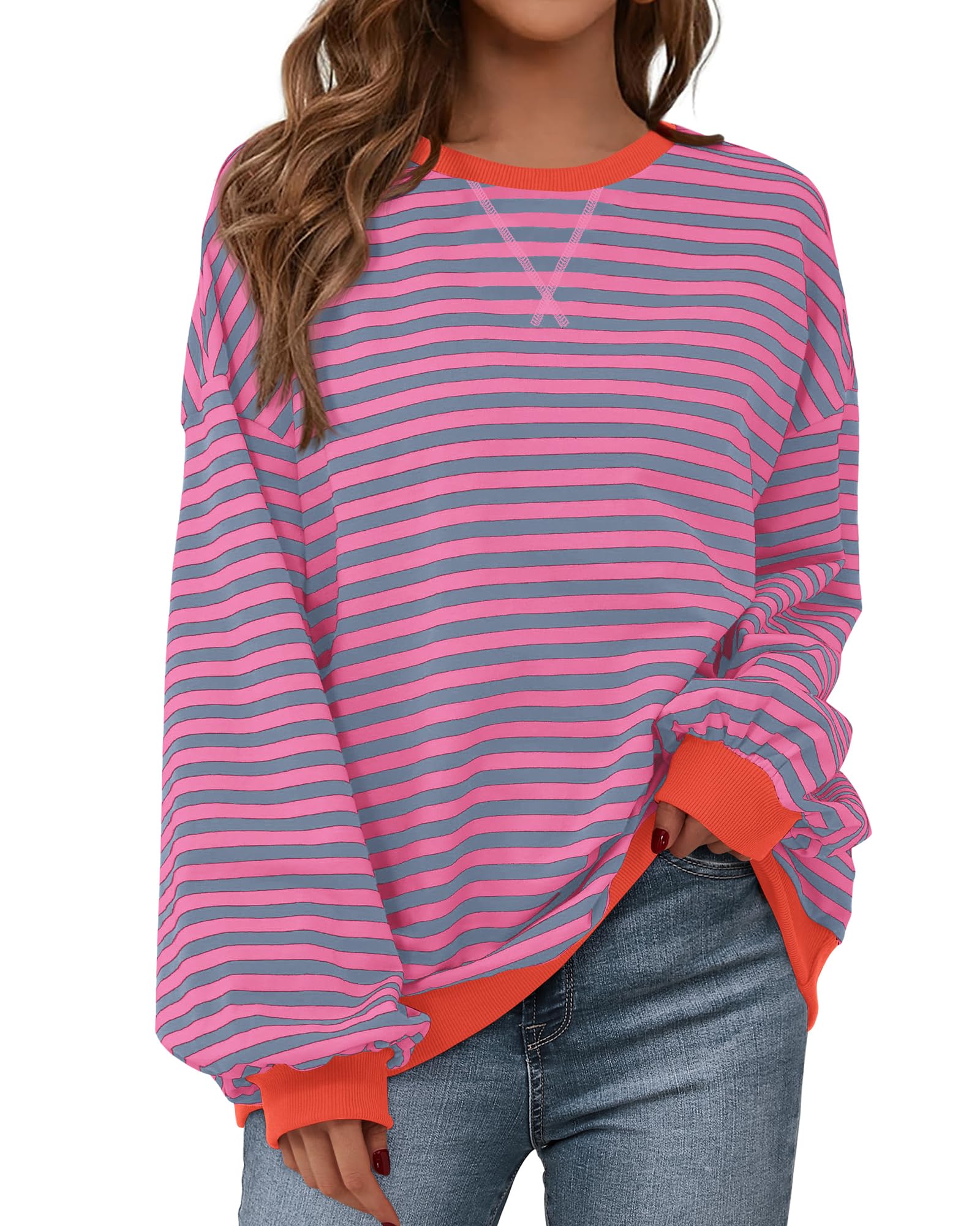 BTFBM Womens Oversized Striped Sweatshirt Crewneck Long Sleeve Pullover Top Casual Y2K Fall Clothes 2025 Workout Shirt