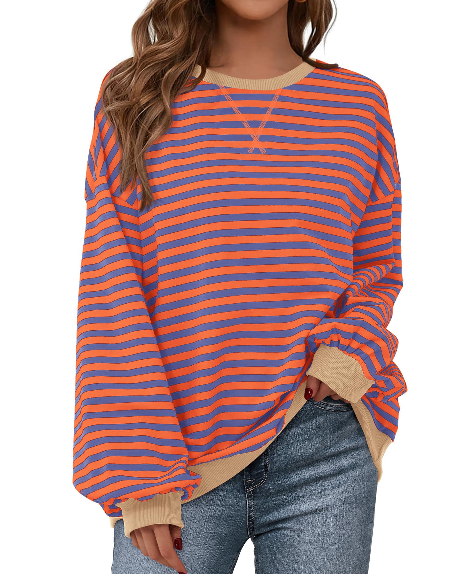 BTFBM Womens Oversized Striped Sweatshirt Crewneck Long Sleeve Pullover Top Casual Y2K Fall Clothes 2025 Workout Shirt