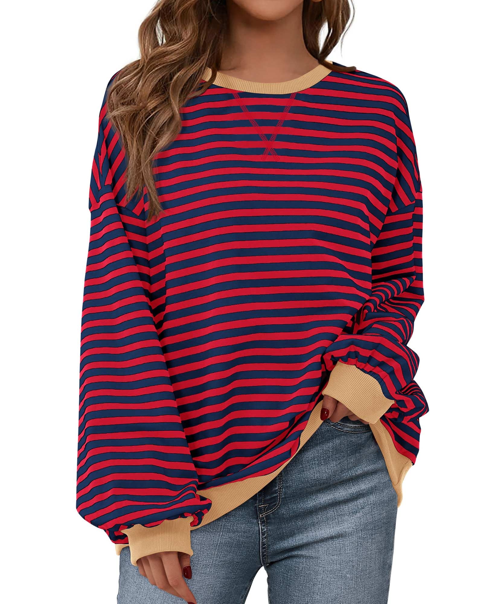 BTFBM Womens Oversized Striped Sweatshirt Crewneck Long Sleeve Pullover Top Casual Y2K Fall Clothes 2025 Workout Shirt