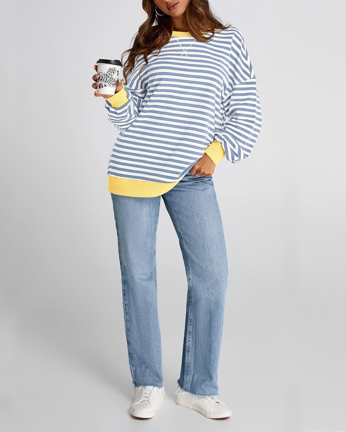 BTFBM Womens Oversized Striped Sweatshirt Crewneck Long Sleeve Pullover Top Casual Y2K Fall Clothes 2025 Workout Shirt