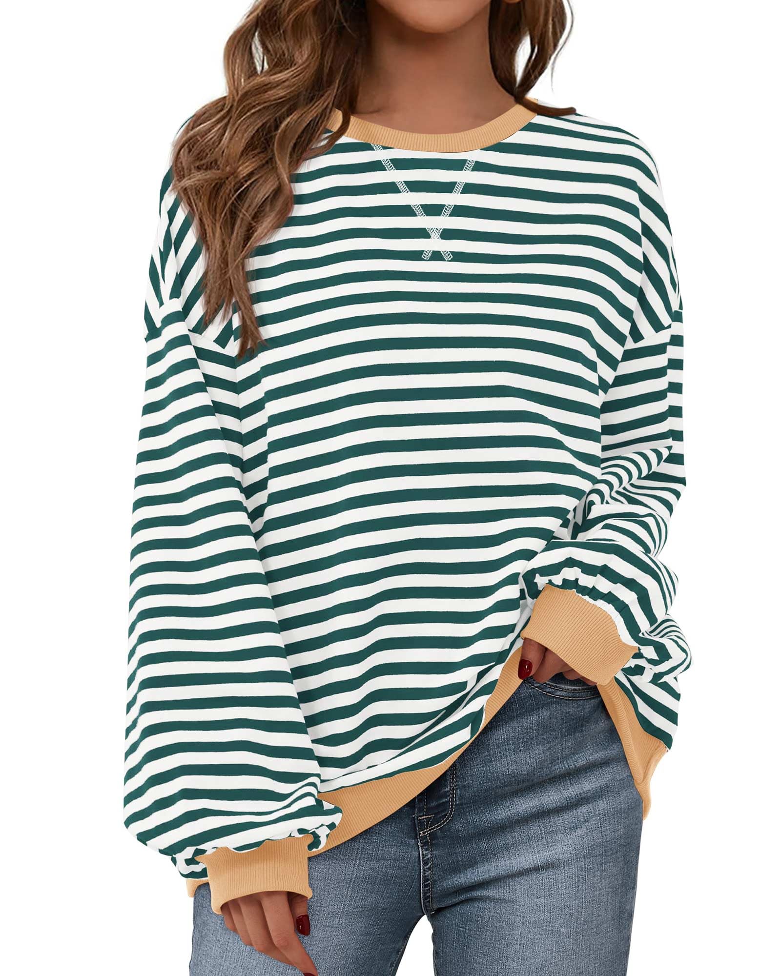 BTFBM Womens Oversized Striped Sweatshirt Crewneck Long Sleeve Pullover Top Casual Y2K Fall Clothes 2025 Workout Shirt