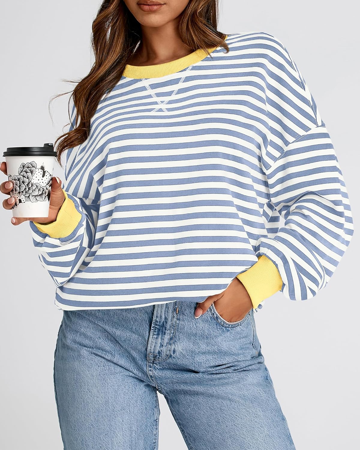 BTFBM Womens Oversized Striped Sweatshirt Crewneck Long Sleeve Pullover Top Casual Y2K Fall Clothes 2025 Workout Shirt