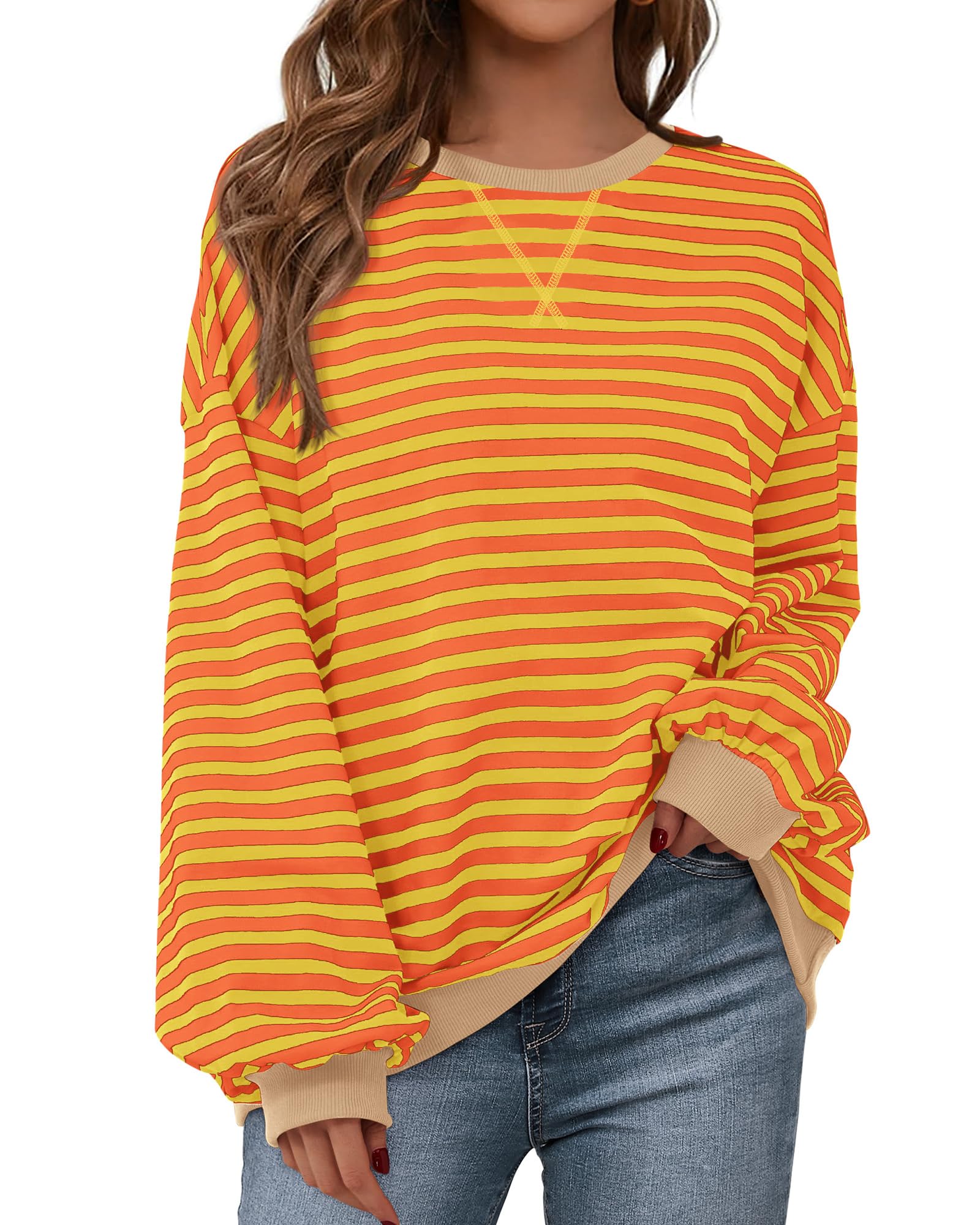 BTFBM Womens Oversized Striped Sweatshirt Crewneck Long Sleeve Pullover Top Casual Y2K Fall Clothes 2025 Workout Shirt
