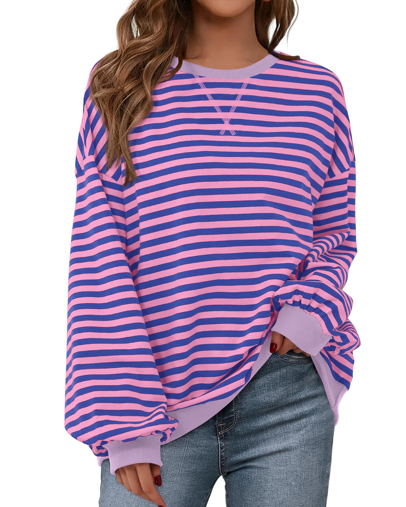 BTFBM Womens Oversized Striped Sweatshirt Crewneck Long Sleeve Pullover Top Casual Y2K Fall Clothes 2025 Workout Shirt
