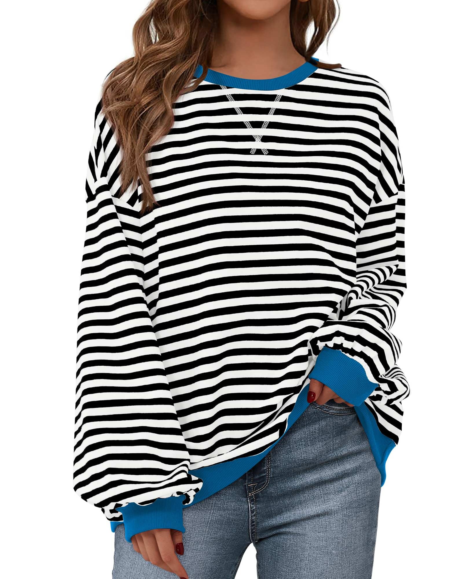BTFBM Womens Oversized Striped Sweatshirt Crewneck Long Sleeve Pullover Top Casual Y2K Fall Clothes 2025 Workout Shirt