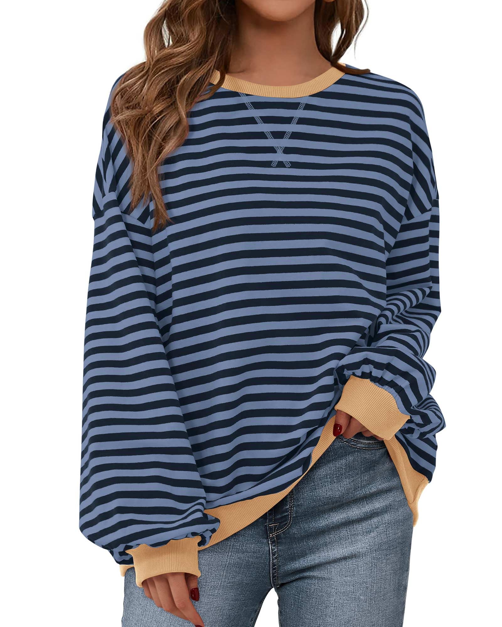 BTFBM Womens Oversized Striped Sweatshirt Crewneck Long Sleeve Pullover Top Casual Y2K Fall Clothes 2025 Workout Shirt