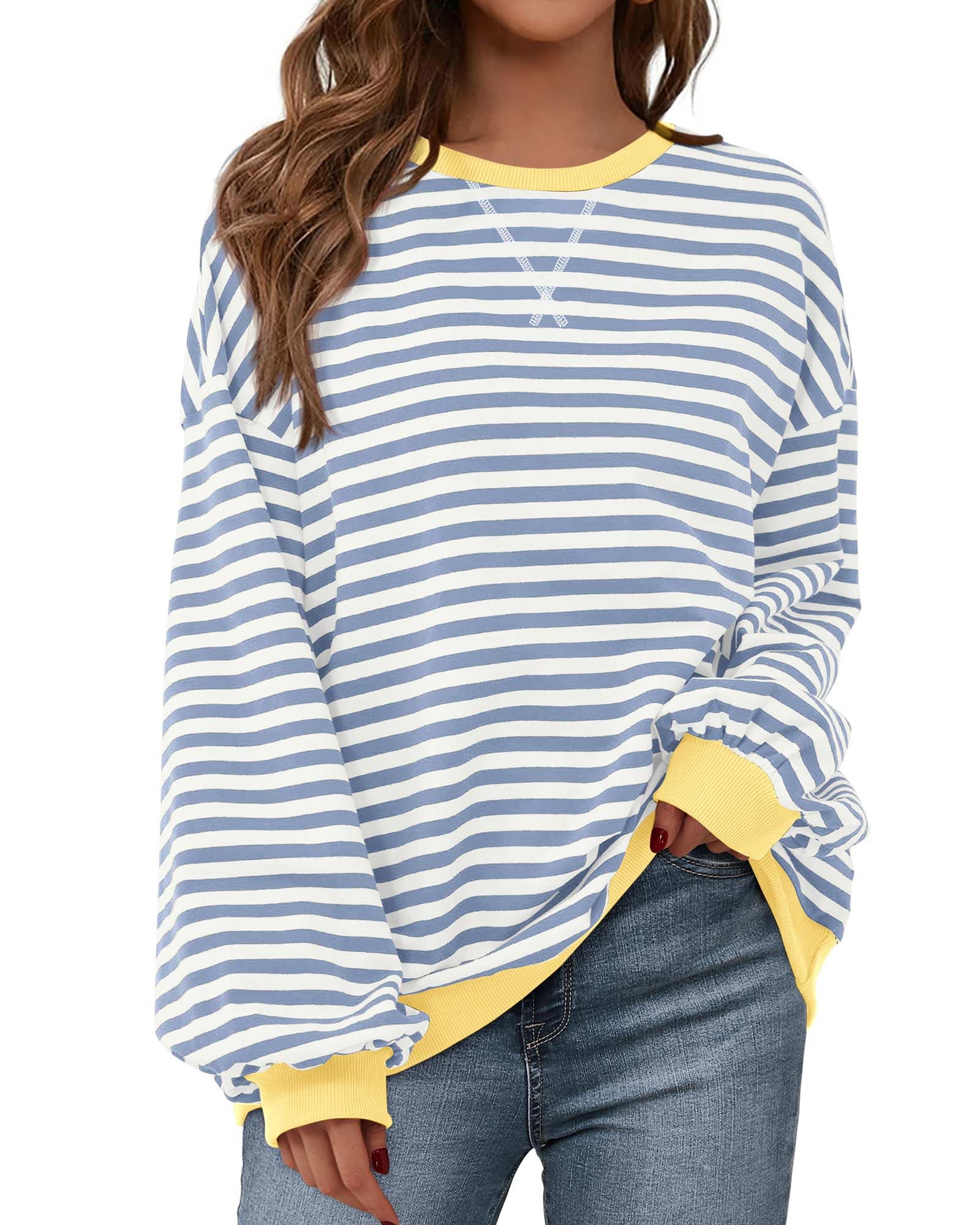 BTFBM Womens Oversized Striped Sweatshirt Crewneck Long Sleeve Pullover Top Casual Y2K Fall Clothes 2025 Workout Shirt